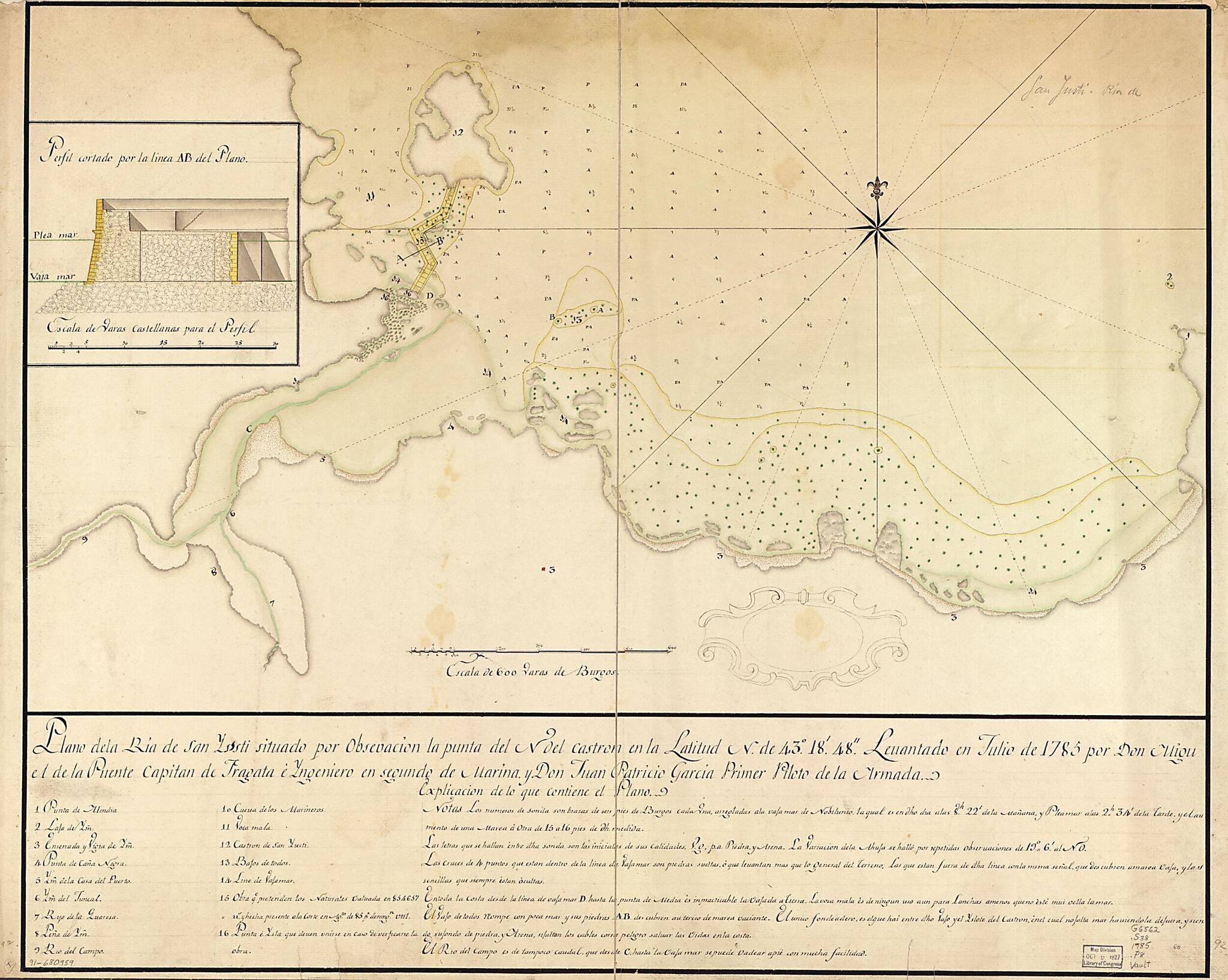 This old map of Plano De La Ría De San Yusti Situado Por Obsevación sic La Punta Del N. Del Castrón En La Latitud N. De 43⁰18ʹ48ʺ from 1785 was created by Juan Patricio García, Miguel De La Puente in 1785
