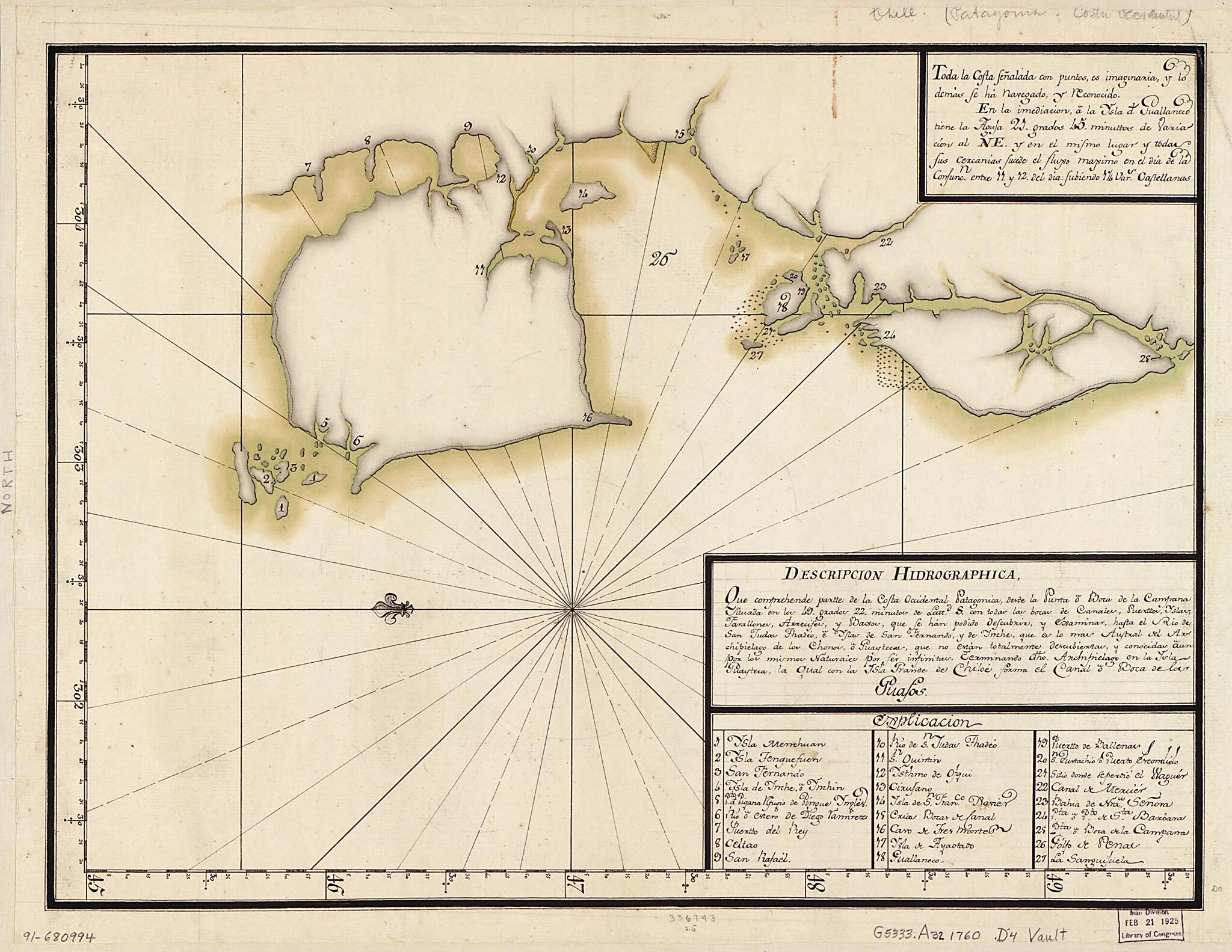 This old map of Descripción Hidrográphica Que Comprehende Partte De La Costa Occidental Patagonica Desde La Punta O. Boca De La Campana Situada En Los 49 Grados 22 Minutos De Lattd. S. Con Todas Las Bocas De Canales, Puerttos, Yslas, Tarallones, Arreci