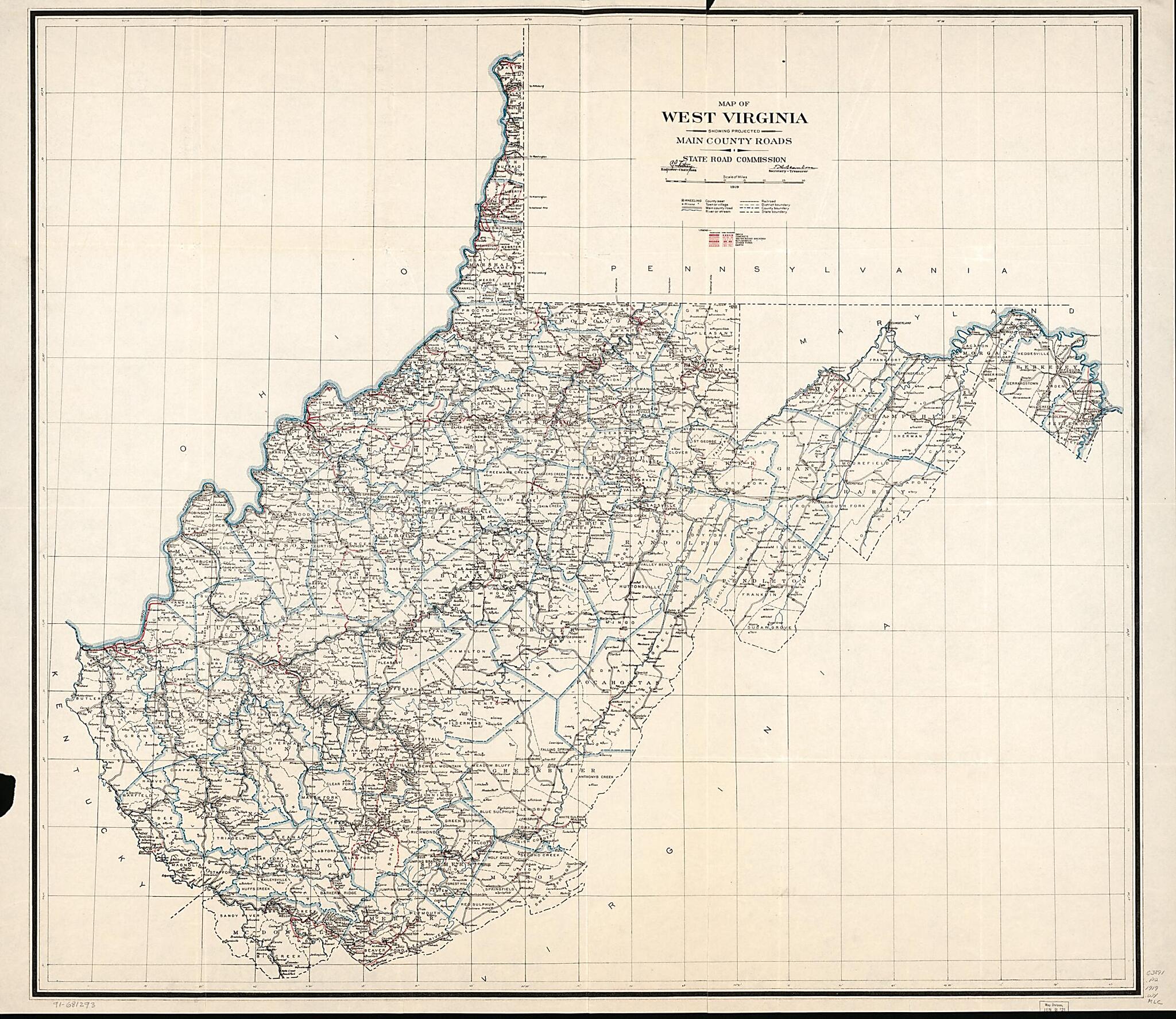 This old map of Map of West Virginia Showing Projected Main County Roads from 1919 was created by West Virginia. State Road Commission in 1919