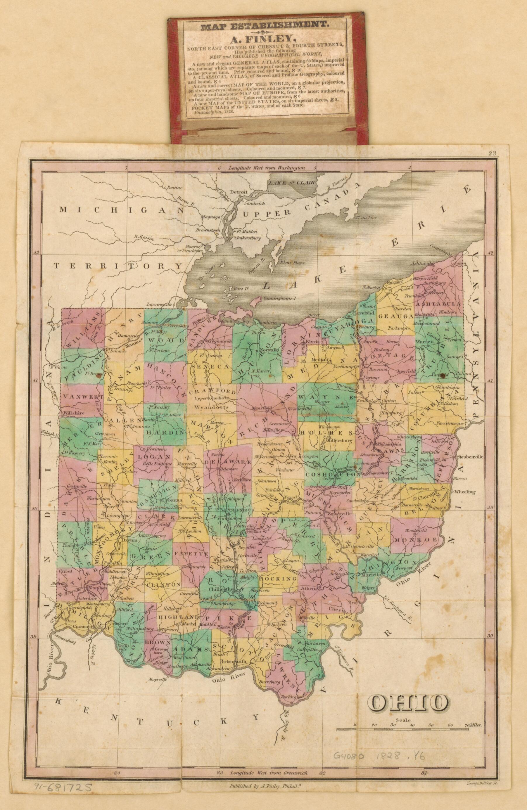 This old map of Ohio from 1828 was created by A. (Anthony) Finley, Young & Delleker in 1828