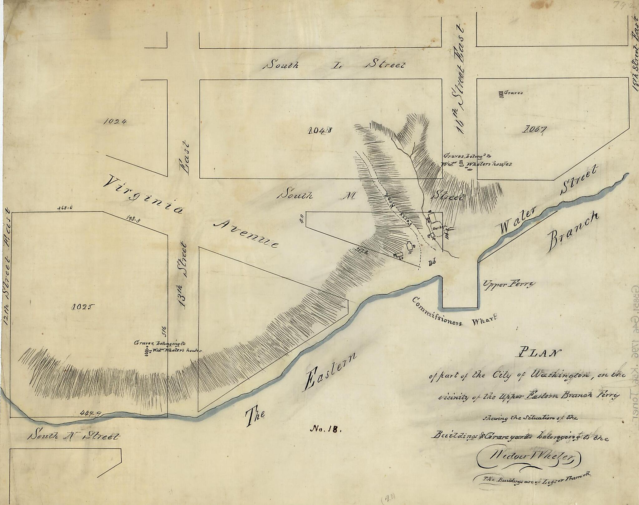 This old map of Plan of Part of the City of Washington, In the Vicinity of the Upper Eastern Branch Ferry, Shewing the Situation of the Buildings & Grave Yards Belonging to the Widow Wheler from 1796 was created by N. (Nicholas) King in 1796