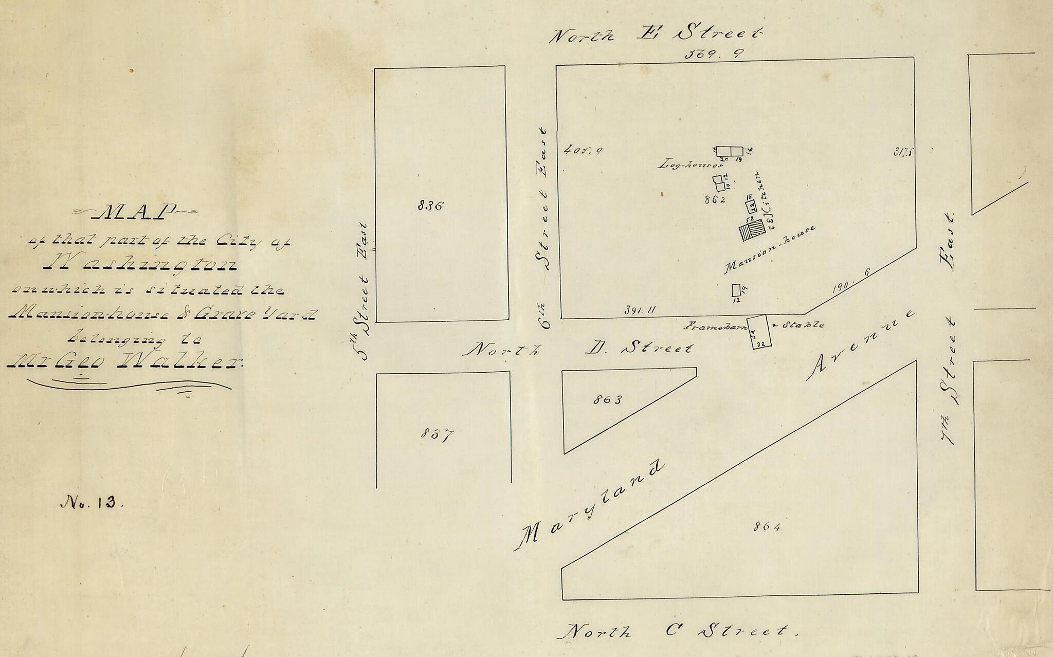 This old map of House & Grave Yard Belonging to Mr. Geo. Walker from 1796 was created by N. (Nicholas) King in 1796