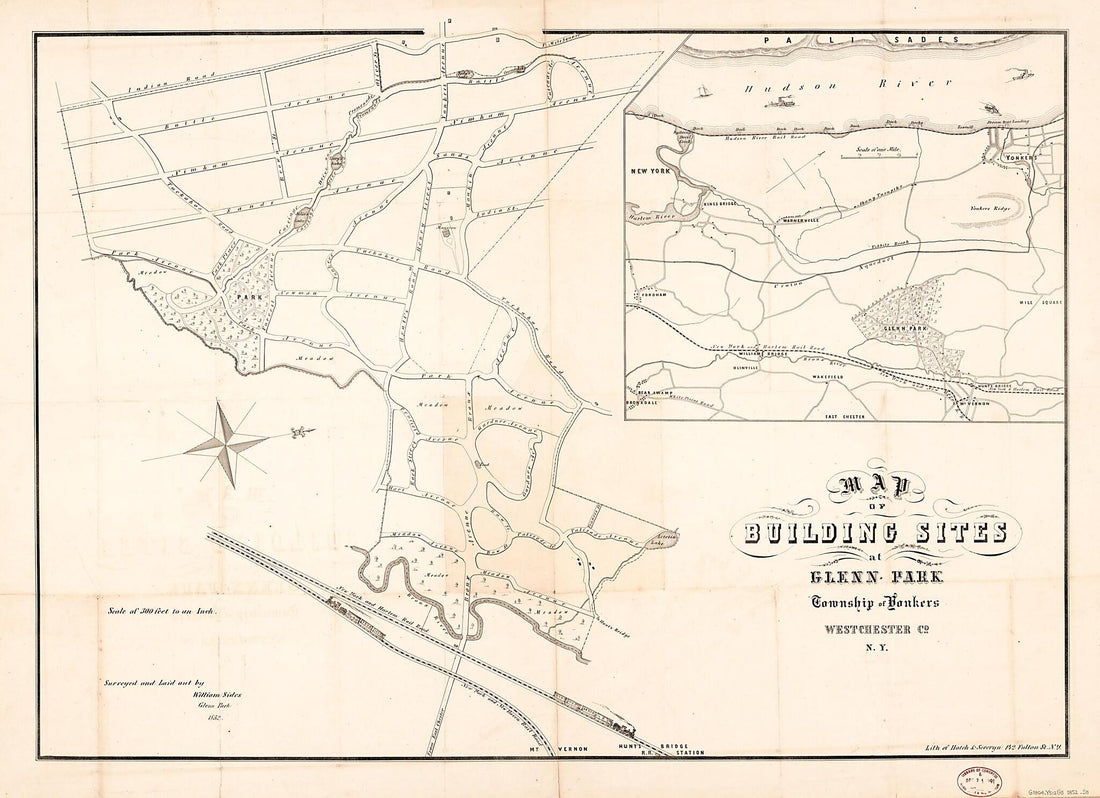 This old map of Map of Building Sites at Glenn Park, Township of Yonkers, Westchester County, New York from 1852 was created by Hatch & Severyn, William Sides in 1852