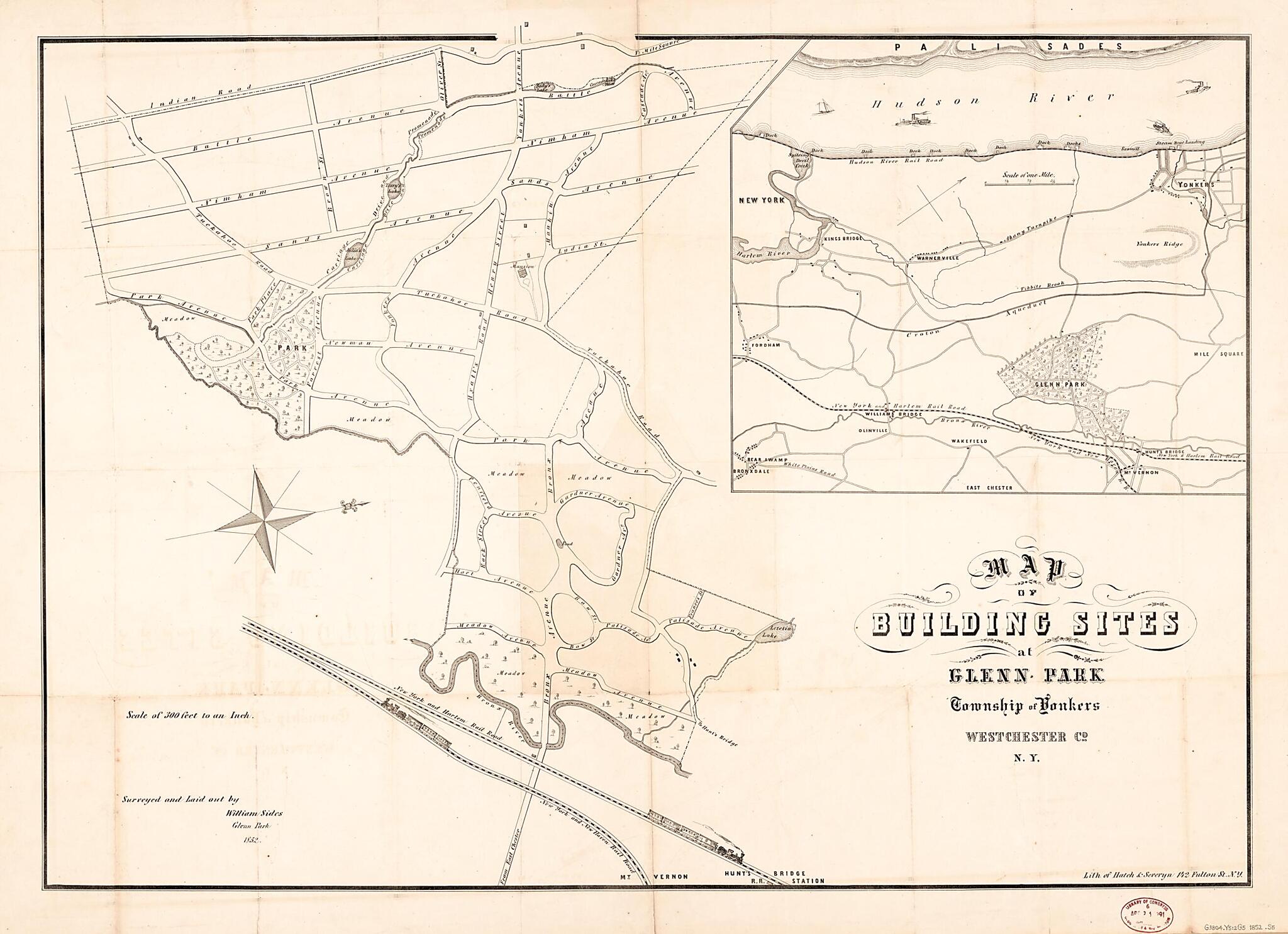 This old map of Map of Building Sites at Glenn Park, Township of Yonkers, Westchester County, New York from 1852 was created by Hatch & Severyn, William Sides in 1852