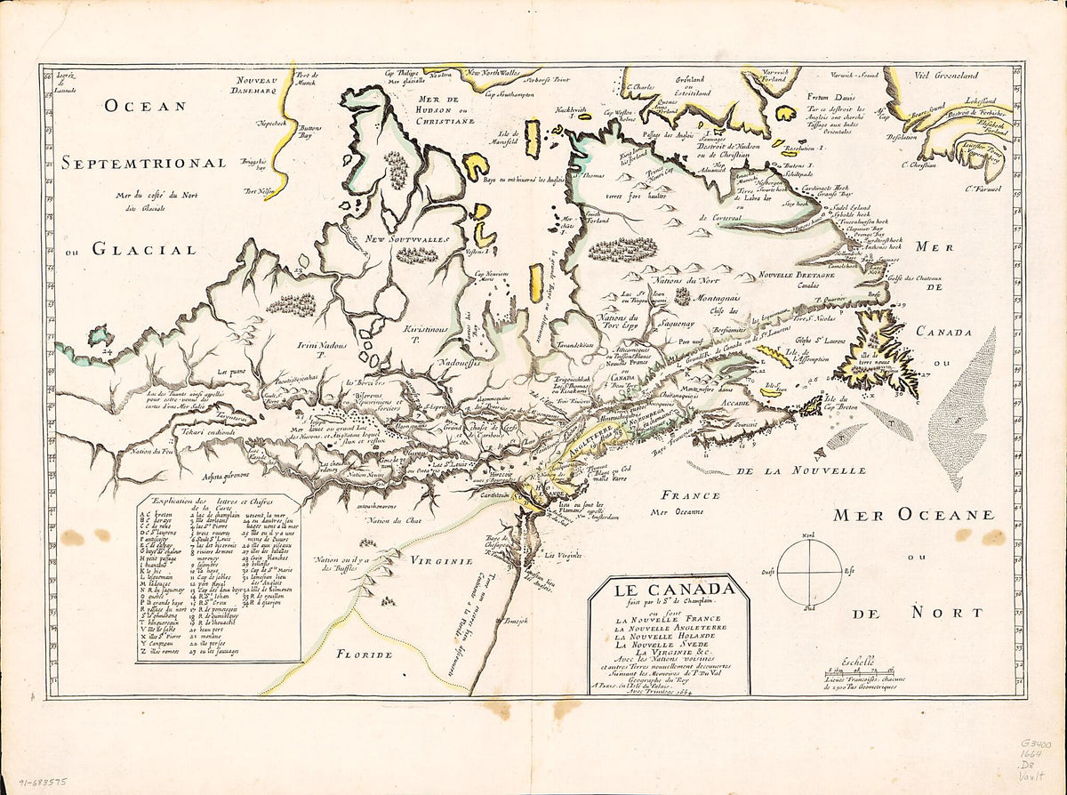 Le Canada Faict Par Le Sr. De Champlain, Ou, Sont, La Nouvelle France, La Nouvelle Angleterre, La Nouvelle Holande, La Nouvelle Svede, La Virginie &c. Avec Les Nations Voisines Et Autres Terres Nouvellement Decouvertes Suivant Les Memoires De P. Du Va... by Relic Map Company