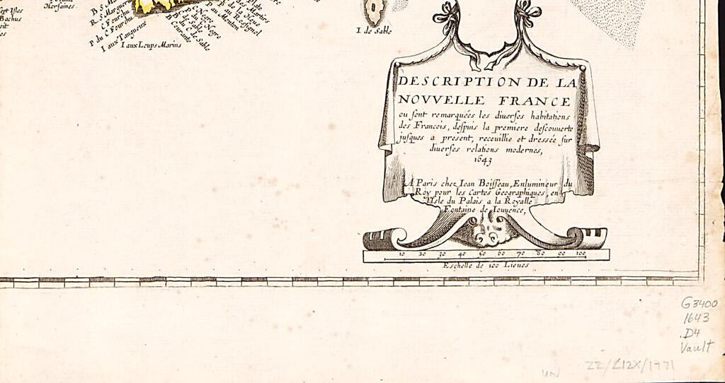 This old map of Description De La Nouvelle France, Ou, Sont Remarquées Les Diverses Habitations Des François, Despuis La Première Descouverte Jusques à Present, Receuillie Et Dressée Sur Diverses Relations Modernes, from 1643 was created by Jean Boi