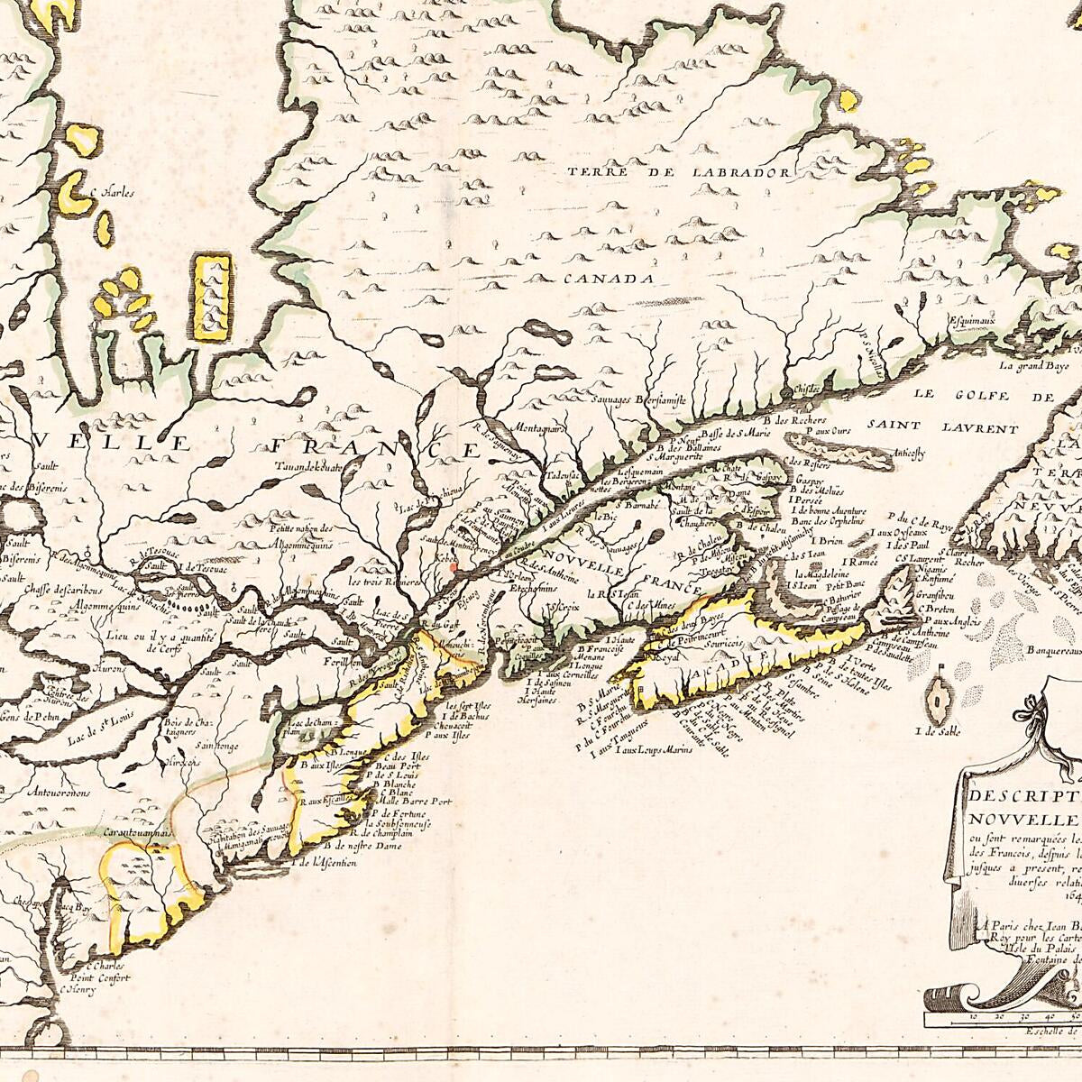 This old map of Description De La Nouvelle France, Ou, Sont Remarquées Les Diverses Habitations Des François, Despuis La Première Descouverte Jusques à Present, Receuillie Et Dressée Sur Diverses Relations Modernes, from 1643 was created by Jean Boi