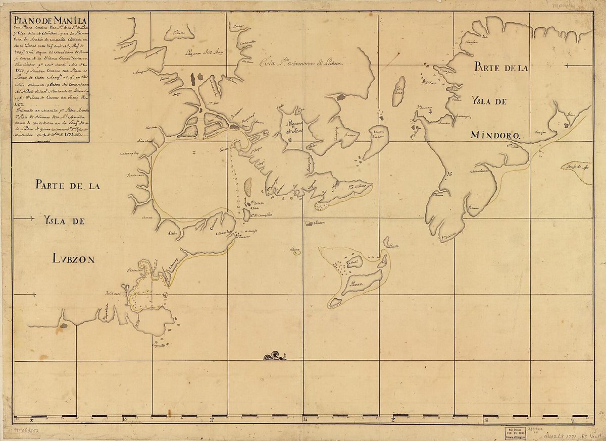 Plano De Manila, Este Plano Contiene Una Pte. De La Ya. De Lubzon Y Otra De La De Mindoro Y En La Primero Esta, La Bahía De Manila Cituada En Desta Ciudad En Los 14 Gs. 30 Ms. N. Y Longd. De 135 Gs. 21 Ms. Segun El Meridiano De Tenerife Consta De La ... by Relic Map Company
