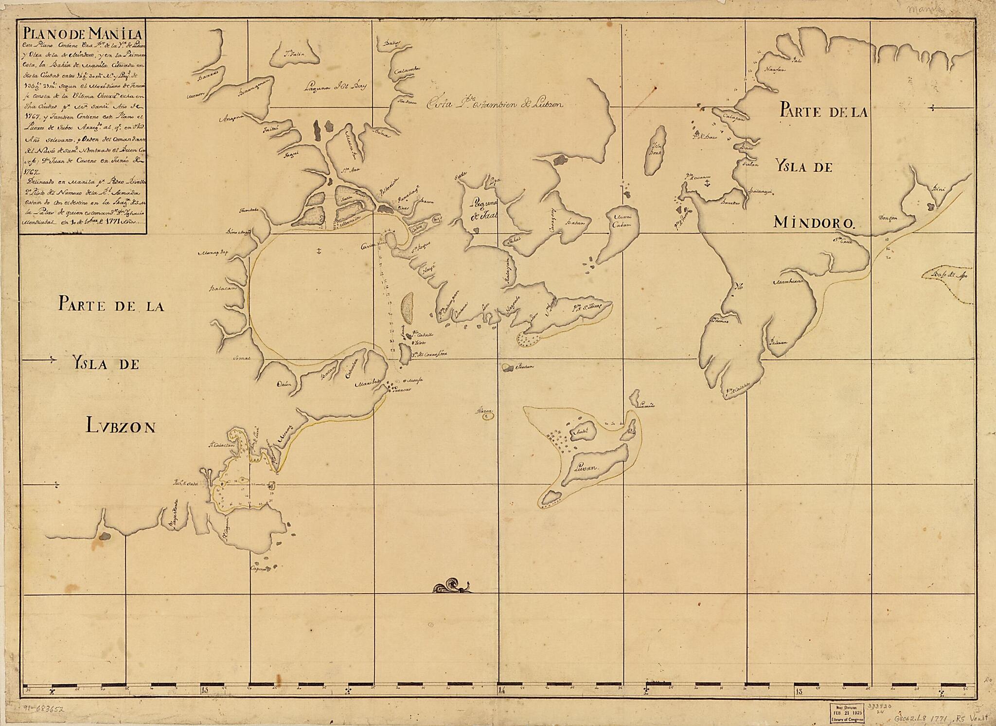 This old map of Plano De Manila, Este Plano Contiene Una Pte. De La Ya. De Lubzon Y Otra De La De Mindoro Y En La Primero Esta, La Bahía De Manila Cituada En Desta Ciudad En Los 14 Gs. 30 Ms. N. Y Longd. De 135 Gs. 21 Ms. Segun El Meridiano De Tenerife