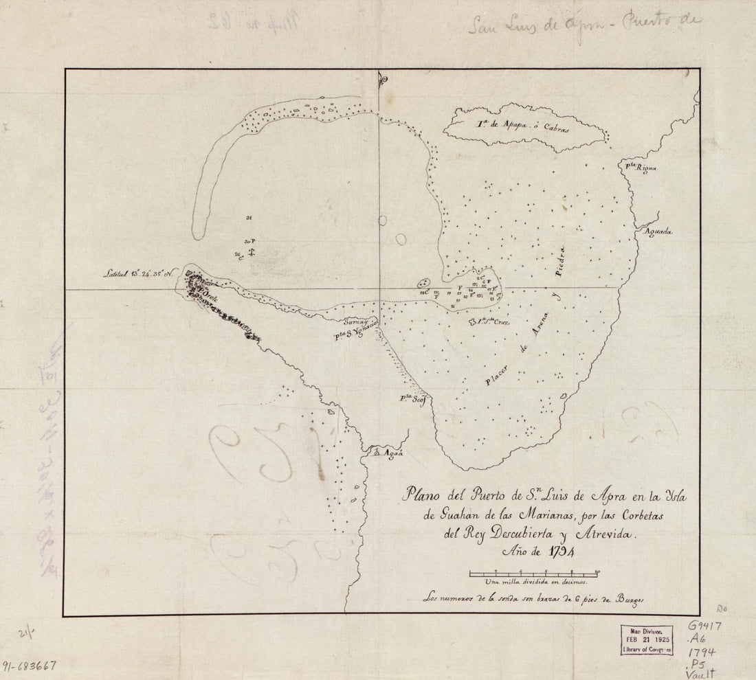 This old map of Plano Del Puerto De Sn. Luis De Apra En La Ysla De Guahan De Las Marianas, Por Las Corbetas Del Rey Descubierta Y Atrevida, Año De from 1794 was created by in 1794