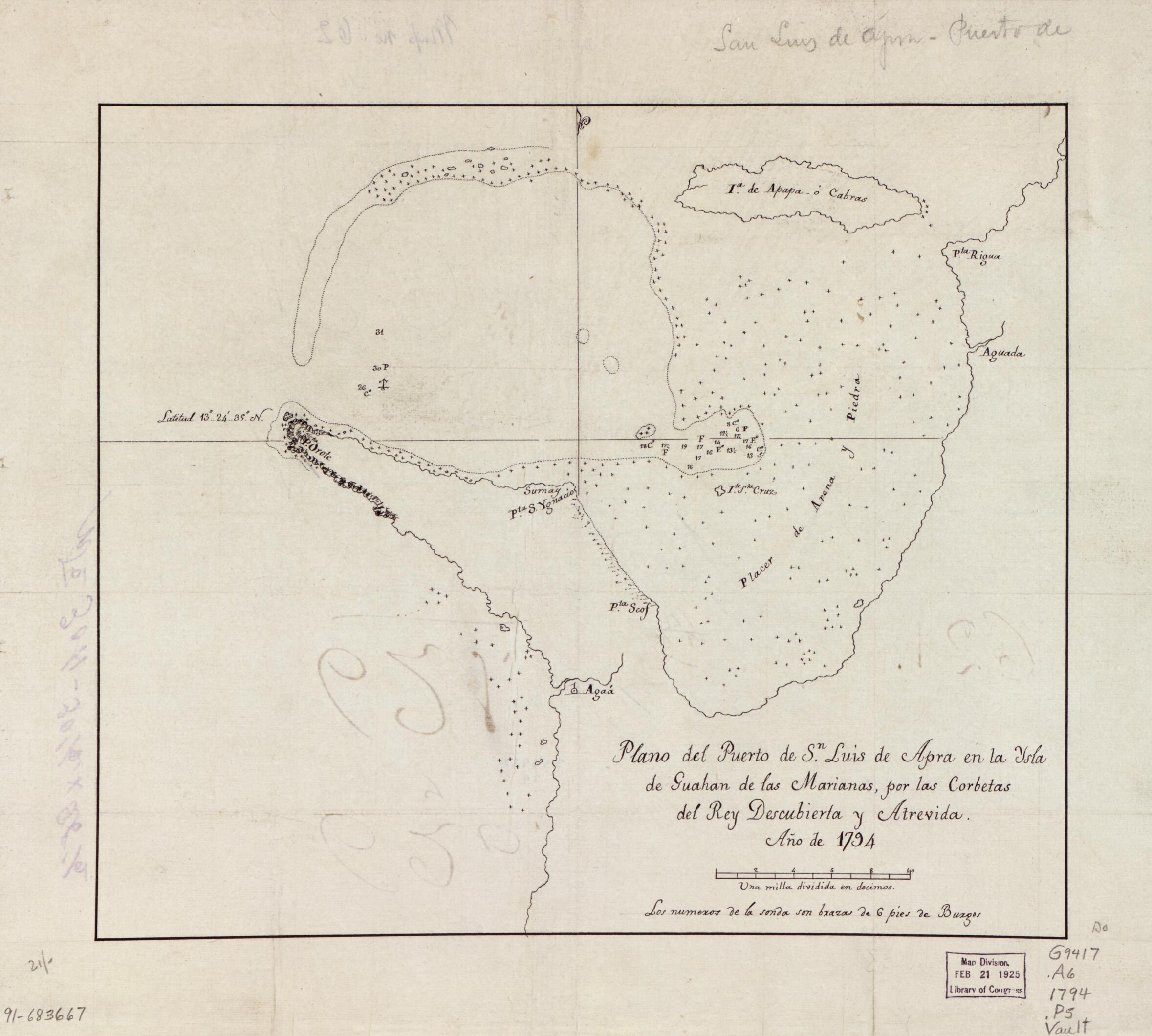 This old map of Plano Del Puerto De Sn. Luis De Apra En La Ysla De Guahan De Las Marianas, Por Las Corbetas Del Rey Descubierta Y Atrevida, Año De from 1794 was created by in 1794
