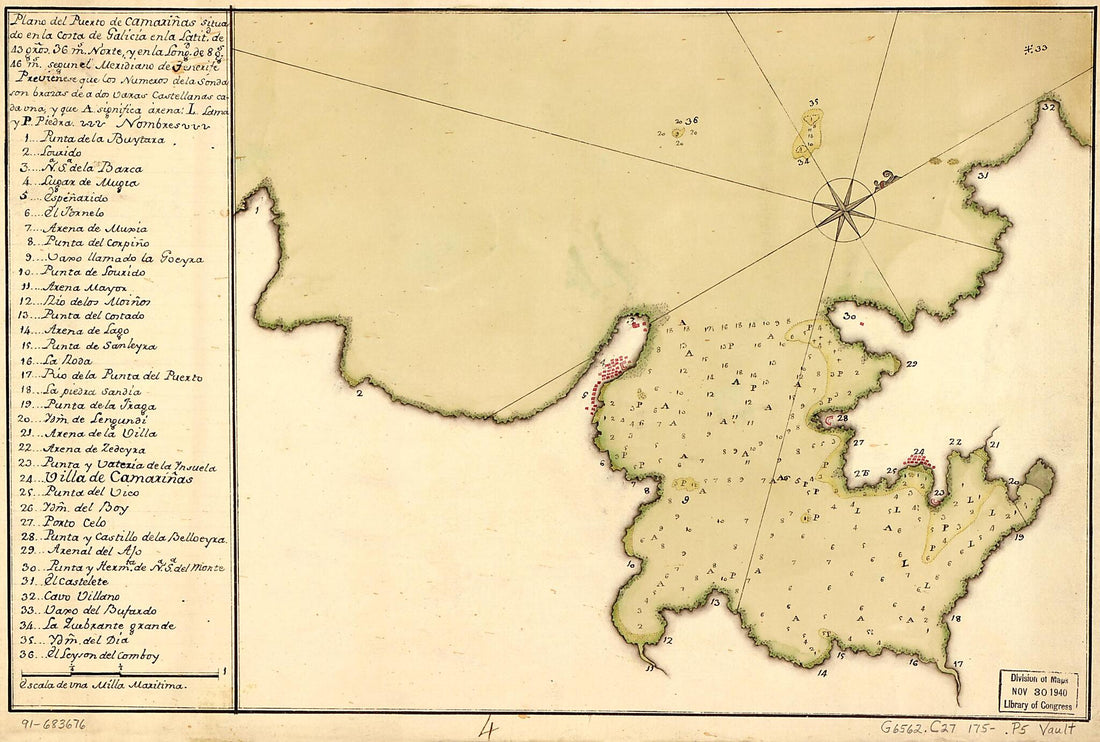 This old map of Plano Del Puerto De Camariñas Situado En La Costa De Galicia En La Latitd. De 43 Gros. 36 Ms. Norte Y En La Longd. De 8 Gs. 46 Ms. Segun El Meridiano De Tenerife from 1750 was created by in 1750