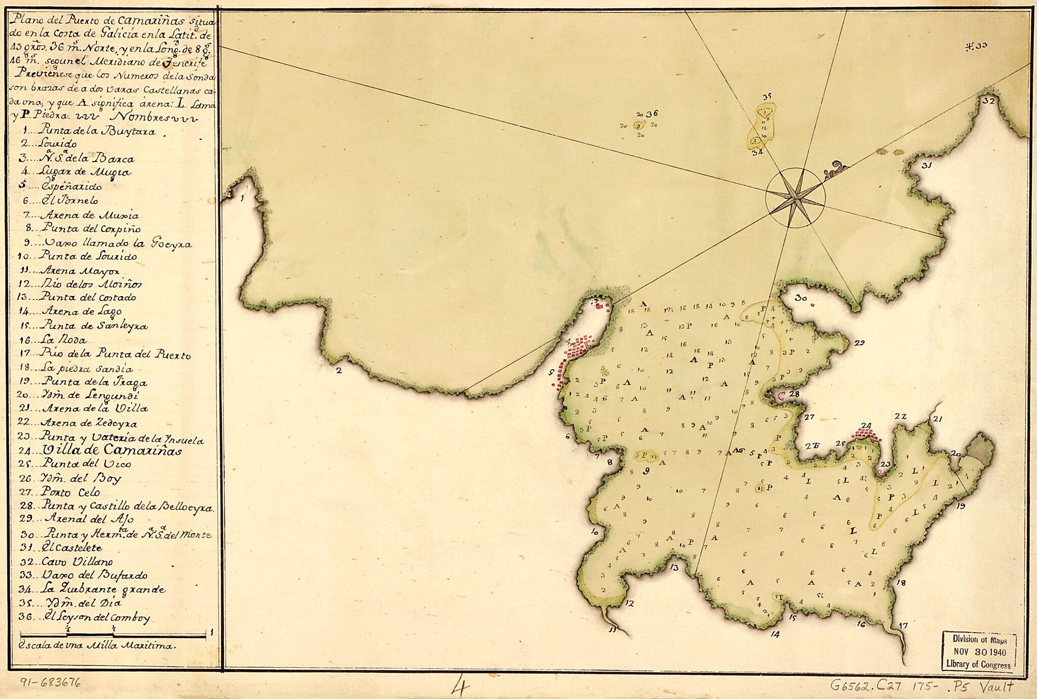 This old map of Plano Del Puerto De Camariñas Situado En La Costa De Galicia En La Latitd. De 43 Gros. 36 Ms. Norte Y En La Longd. De 8 Gs. 46 Ms. Segun El Meridiano De Tenerife from 1750 was created by in 1750