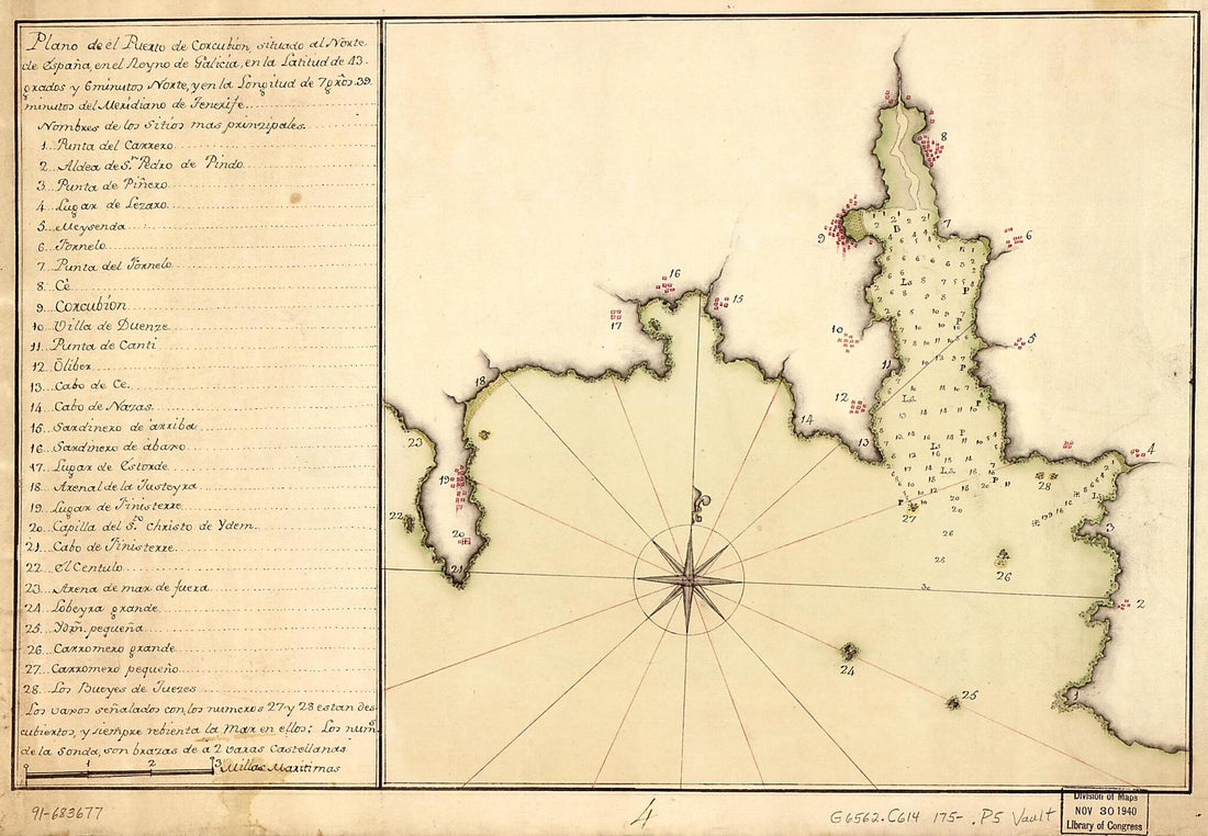 This old map of Plano De El Puerto De Corcubión Situado Al Norte De España En El Reyno De Galicia En La Latitud De 43 Grados Y 6 Minutos Norte Y En La Longitud De 7 Gros. 39 Minutos Del Meridiano De Tenerife from 1750 was created by in 1750