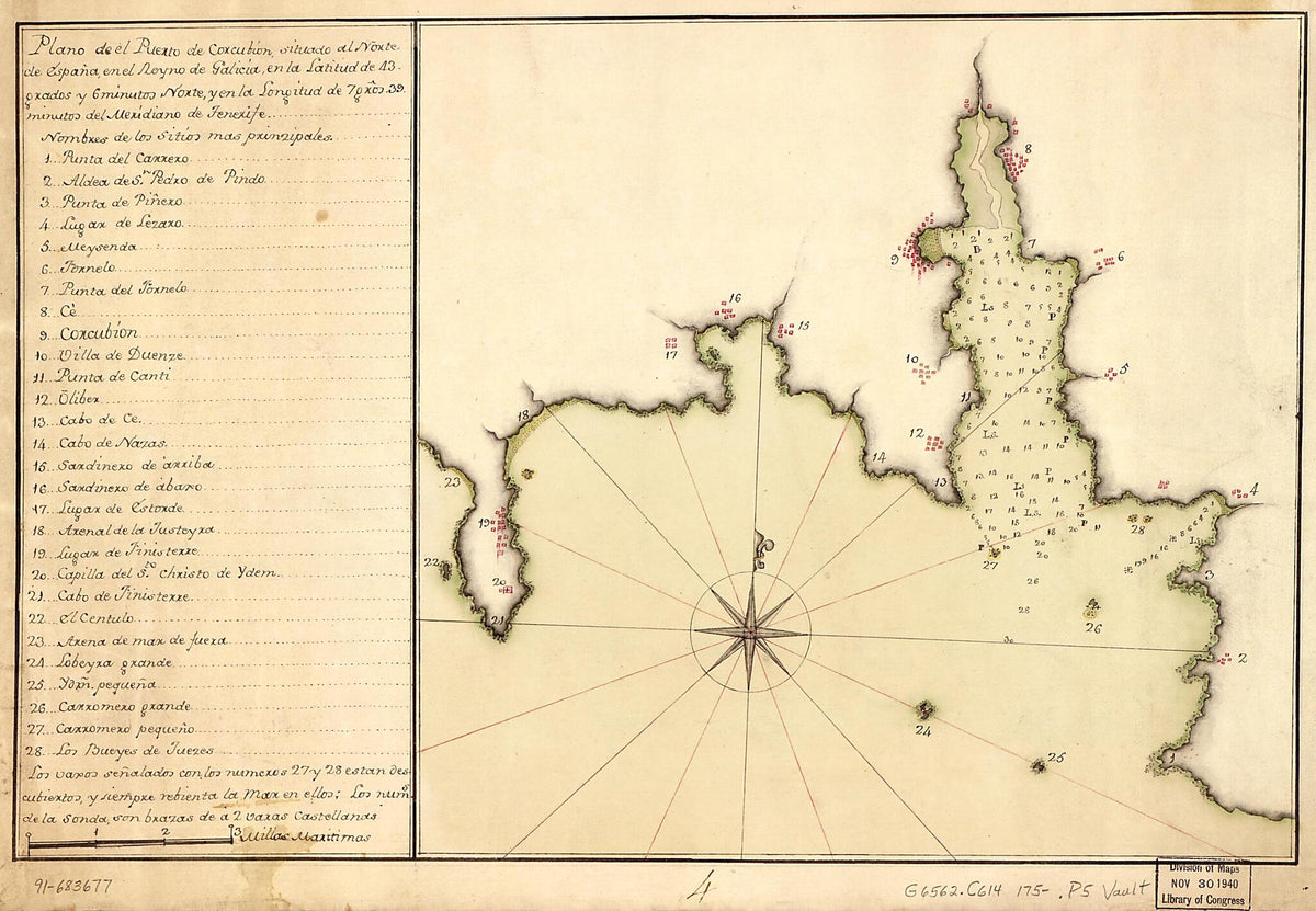 Plano De El Puerto De Corcubión Situado Al Norte De España En El Reyno De Galicia En La Latitud De 43 Grados Y 6 Minutos Norte Y En La Longitud De 7 Gros. 39 Minutos Del Meridiano De Tenerife 1750 by Relic Map Company