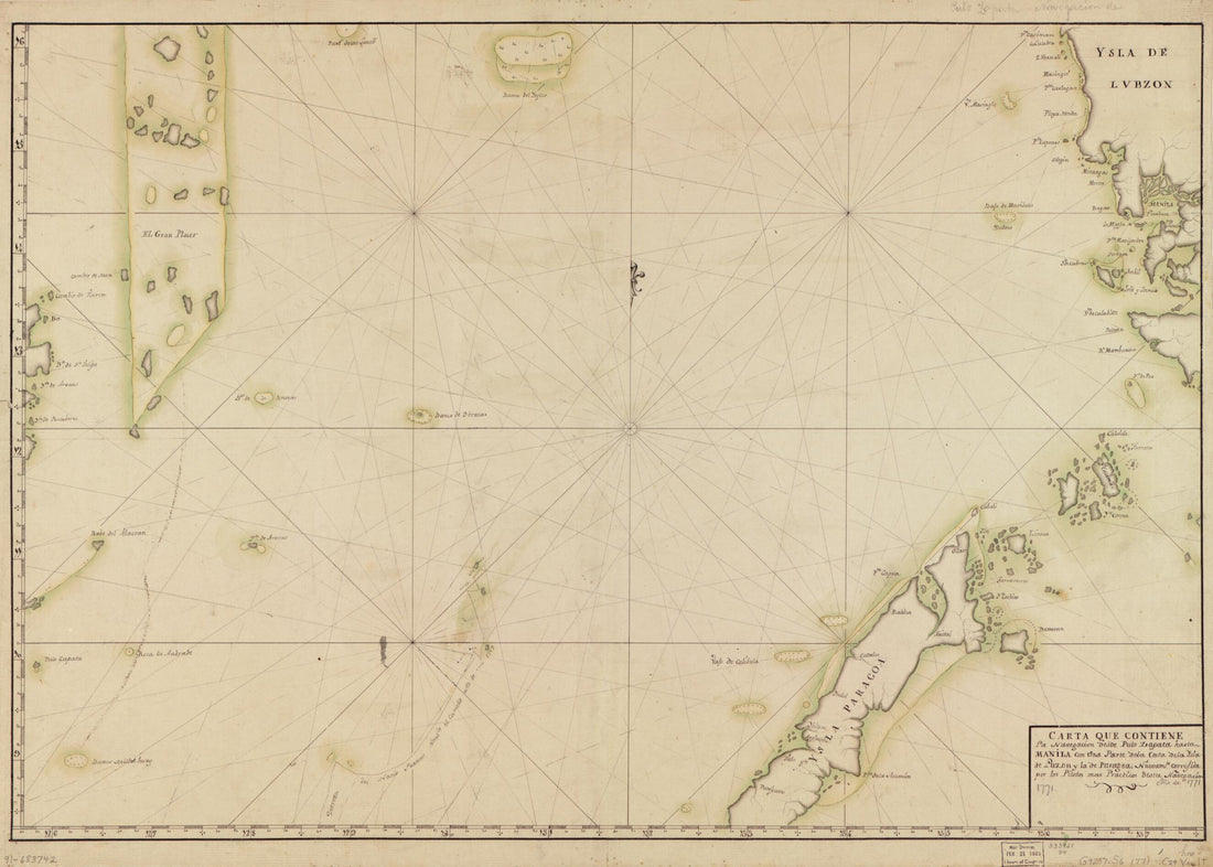 This old map of Carta Que Contiene La Navegación Desde Pulo Zapata Hasta Manila Con Una Parte De La Costa De La Ysla De Luzon Y La De Paragoa from 1771 was created by in 1771