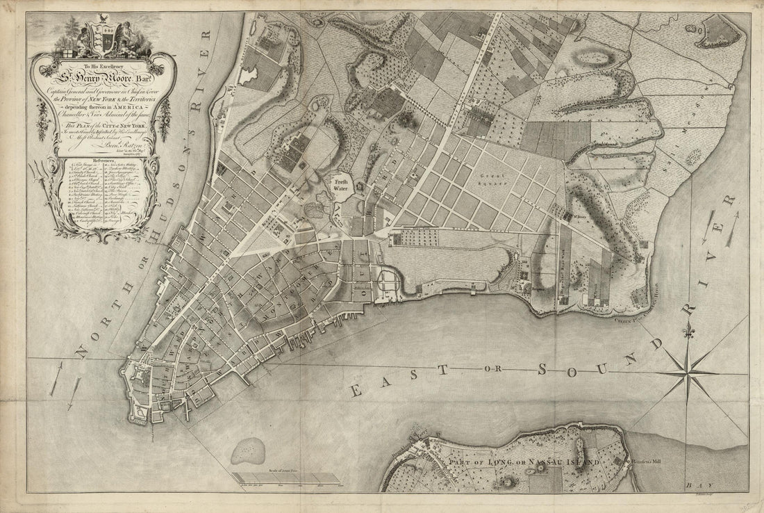 This old map of To His Excellency Sr. Henry Moore, Bart., Captain General and Governour In Chief In & Over the Province of New York & the Territories Depending Thereon In America, Chancellor & Vice Admiral of the Same, This Plan of the City of New York I