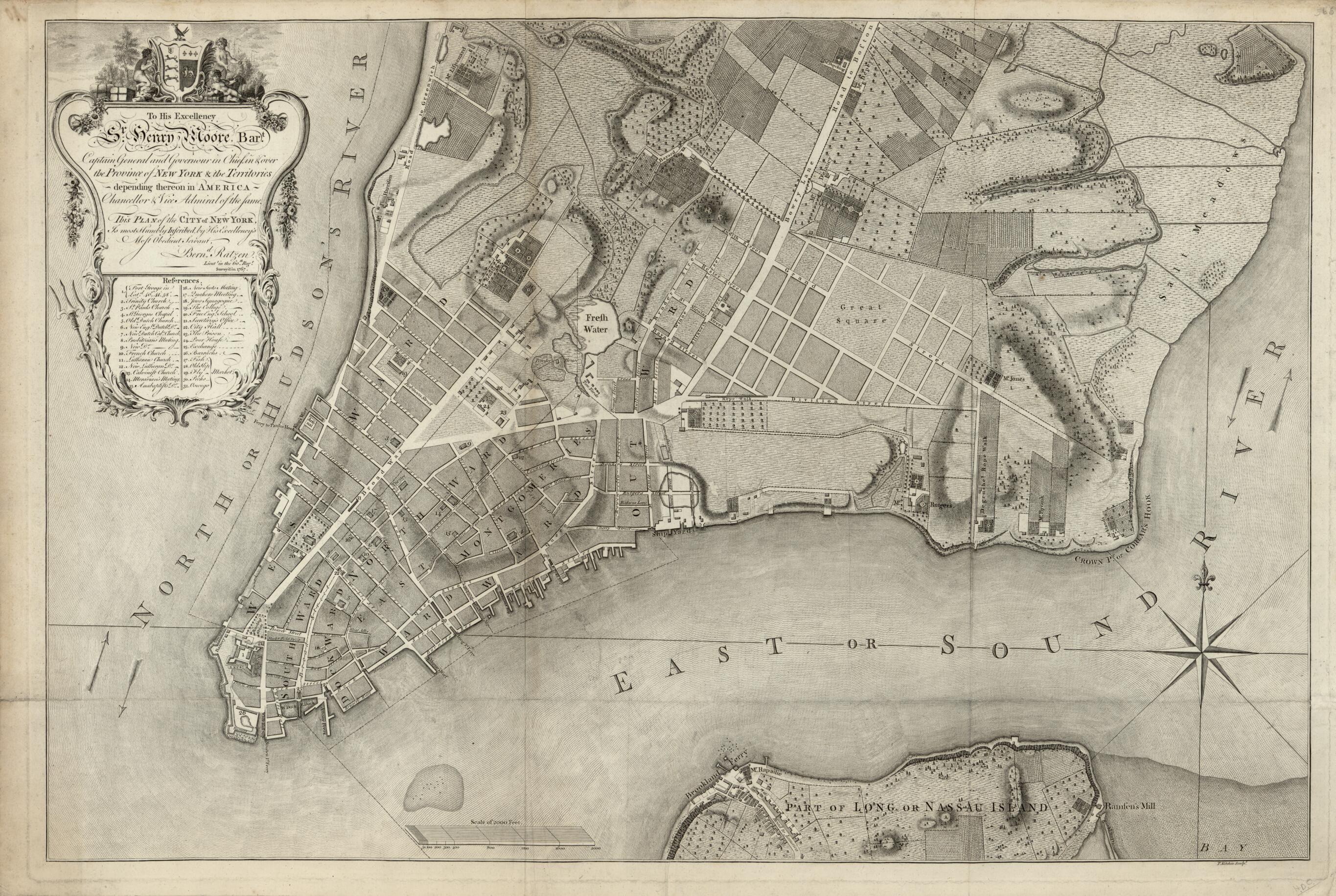 This old map of To His Excellency Sr. Henry Moore, Bart., Captain General and Governour In Chief In & Over the Province of New York & the Territories Depending Thereon In America, Chancellor & Vice Admiral of the Same, This Plan of the City of New York I