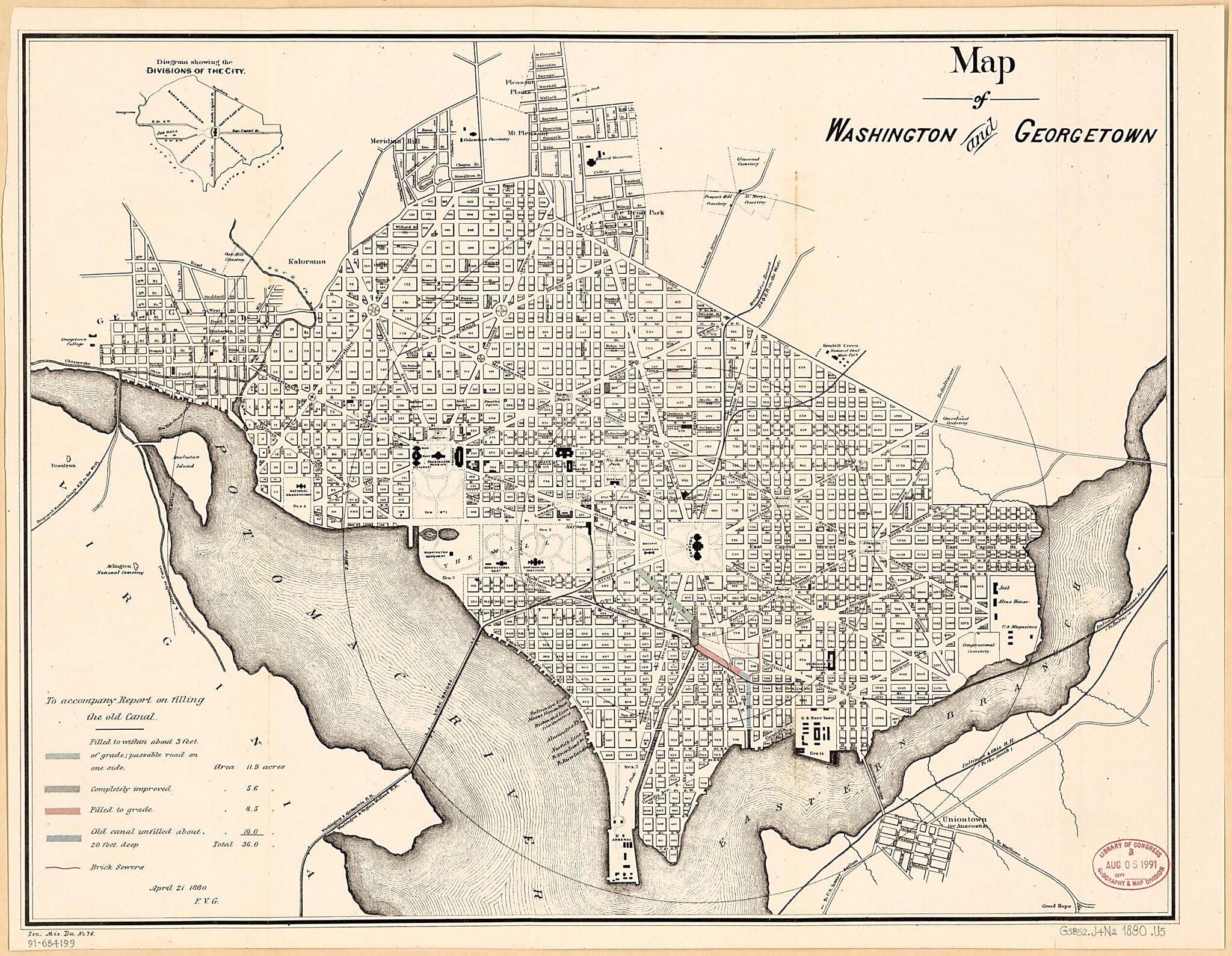 This old map of Map of Washington and Georgetown : to Accompany Report On Filling the Old Canal from 1880 was created by United States. Congress. Senate in 1880