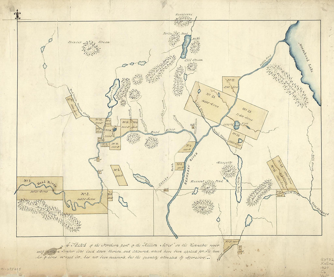 This old map of A Sketch of the Northern Part of the Million Acres On the Kennebec River With Certain Timber Lots Laid Down Theron, and Coloured, Which Have Been Applied for : the Number of Acres In Each Lot Has Not Been Measur&