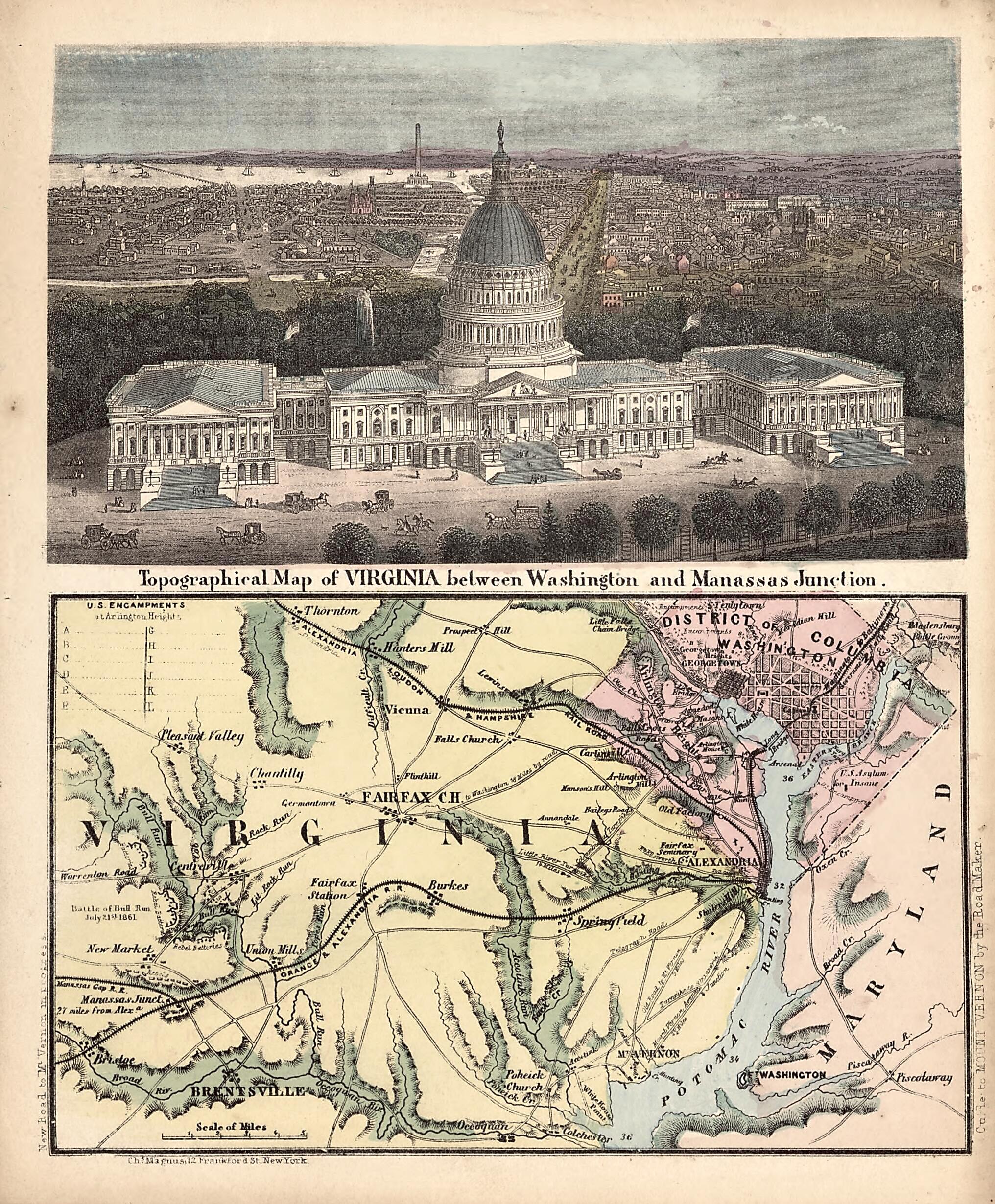 This old map of Topographical Map of Virginia Between Washington and Manassas Junction from 1861 was created by Charles Magnus in 1861