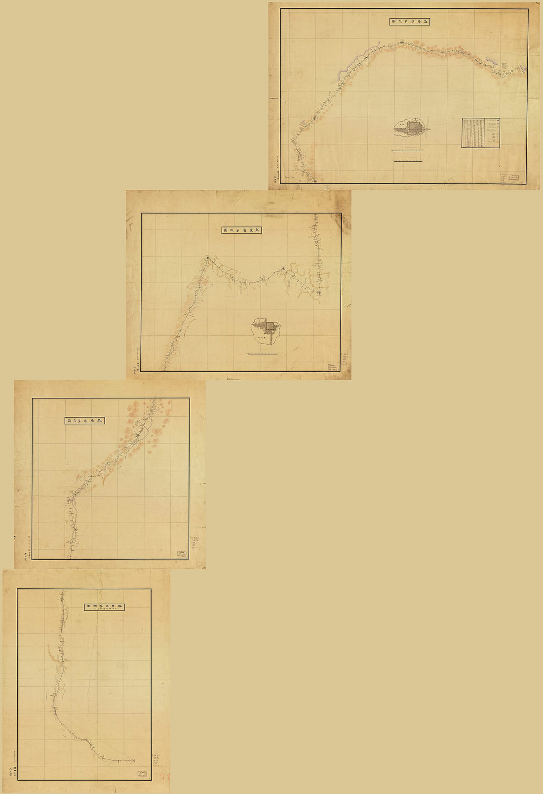 This old map of Shō Endai Yori Kō-ken, Rai-shu, Kō-shū, Ankyū-ken, Kin-shū Tō O Hete Kōso-shō, Shukusen-shū Gyōkō Ni Itaru (Cong Shandong Sheng Yantai Jing Huang Xian, Laizhou, Qiaozhou, Anqiu Xian Yizhou Deng Zhi Jiangsu Sheng Suqian Xian Yu