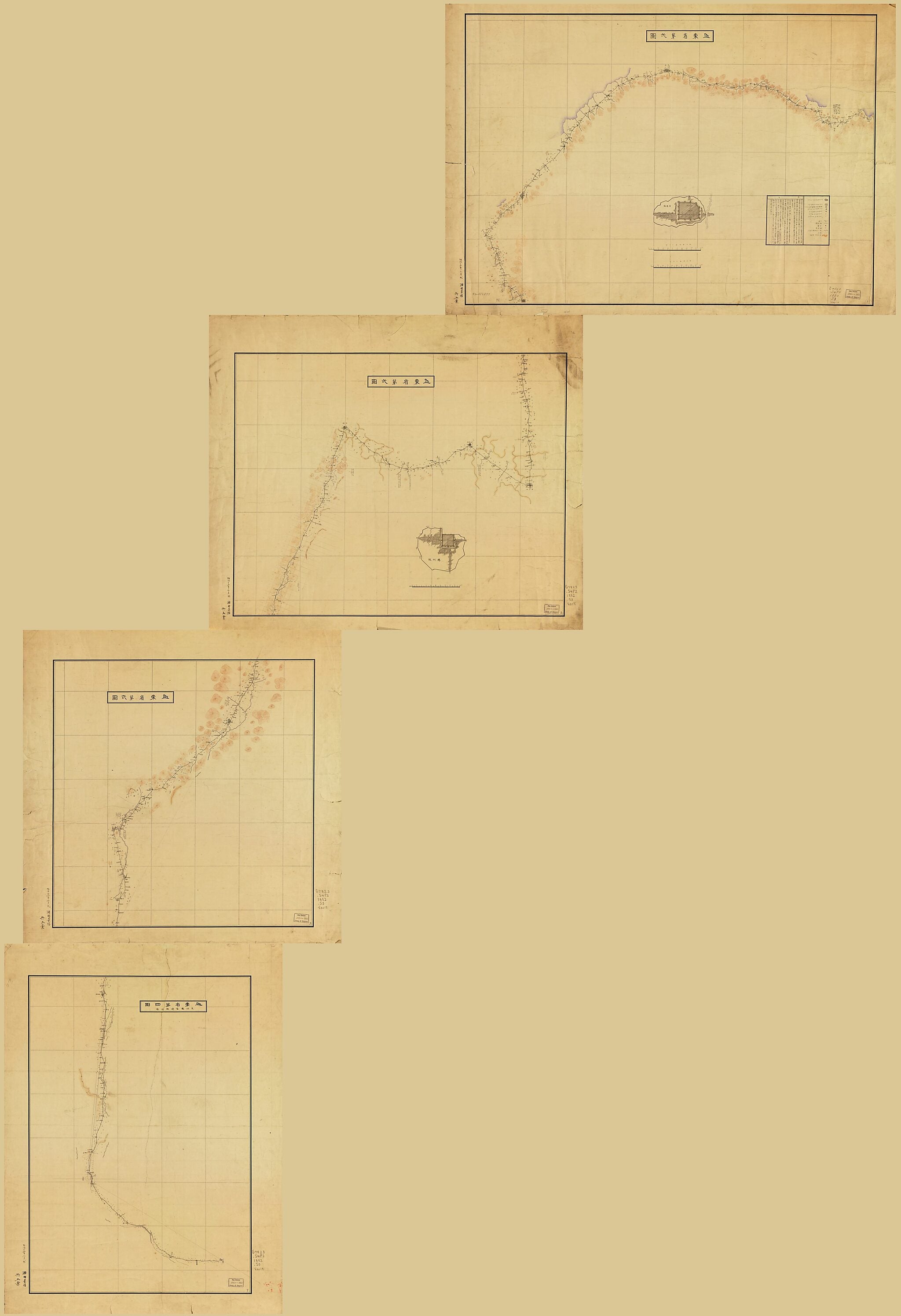 This old map of Shō Endai Yori Kō-ken, Rai-shu, Kō-shū, Ankyū-ken, Kin-shū Tō O Hete Kōso-shō, Shukusen-shū Gyōkō Ni Itaru (Cong Shandong Sheng Yantai Jing Huang Xian, Laizhou, Qiaozhou, Anqiu Xian Yizhou Deng Zhi Jiangsu Sheng Suqian Xian Yu