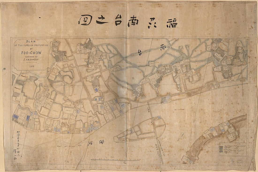 This old map of Fukushū Nandai No Zu (chow, Fuzhou Nantai Zhi Tu) from 1868 was created by J. Lesgasse, Hachirō Sawa in 1868