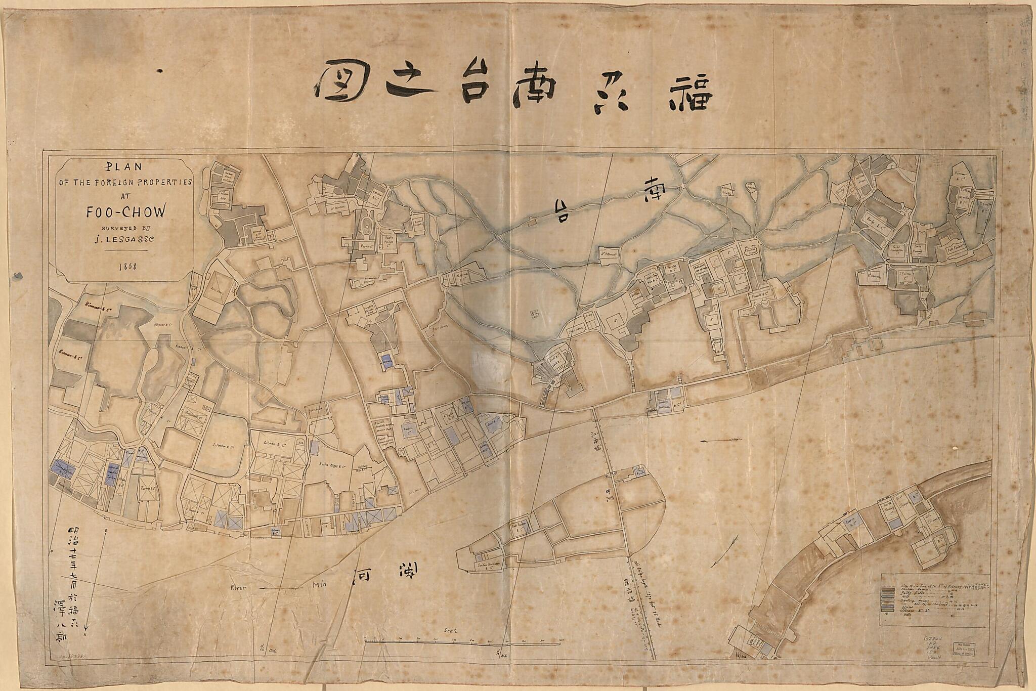 This old map of Fukushū Nandai No Zu (chow, Fuzhou Nantai Zhi Tu) from 1868 was created by J. Lesgasse, Hachirō Sawa in 1868