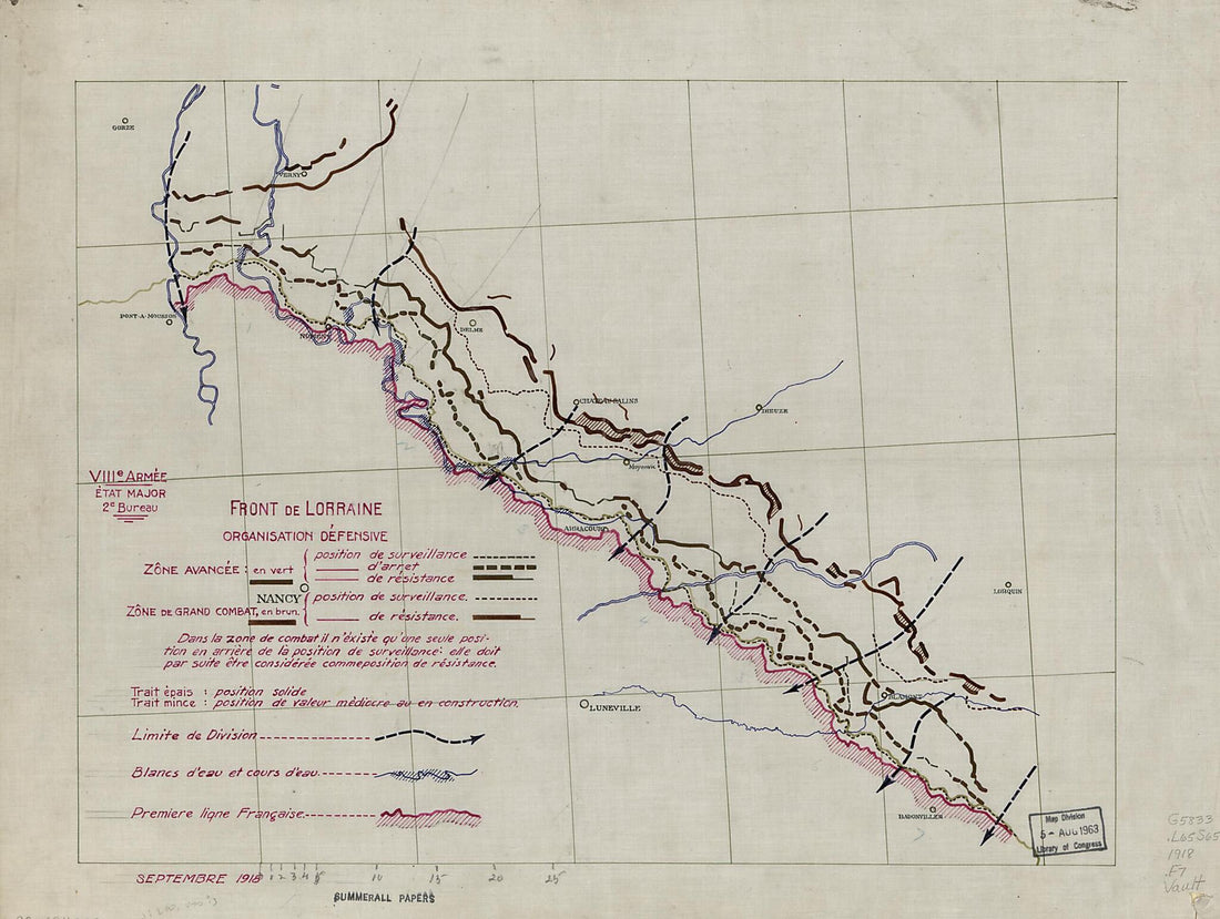 This old map of Front De Lorraine from 1918 was created by 2e Major. Bureau, Charles Pelot Summerall in 1918