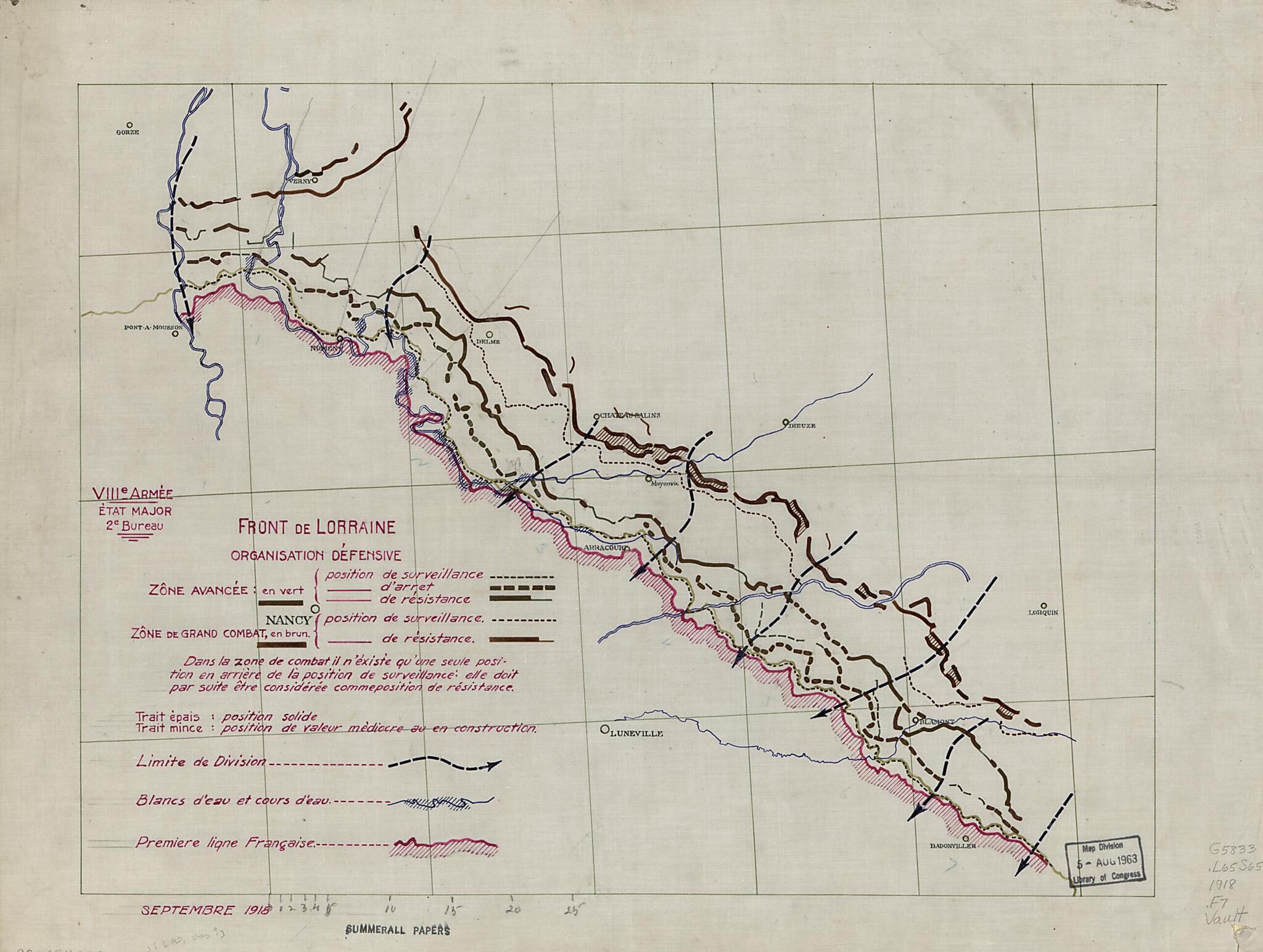 This old map of Front De Lorraine from 1918 was created by 2e Major. Bureau, Charles Pelot Summerall in 1918