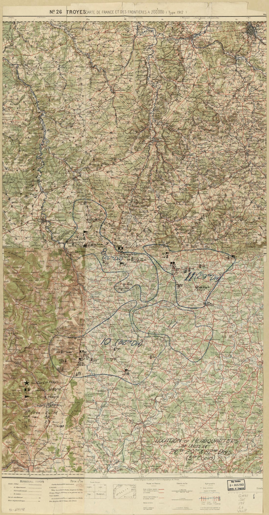 This old map of Location of Headquarters of Units In 26th, 29th & 82nd Divs. (5th Corps) : northeastern France from 1918 was created by Charles Pelot Summerall in 1918