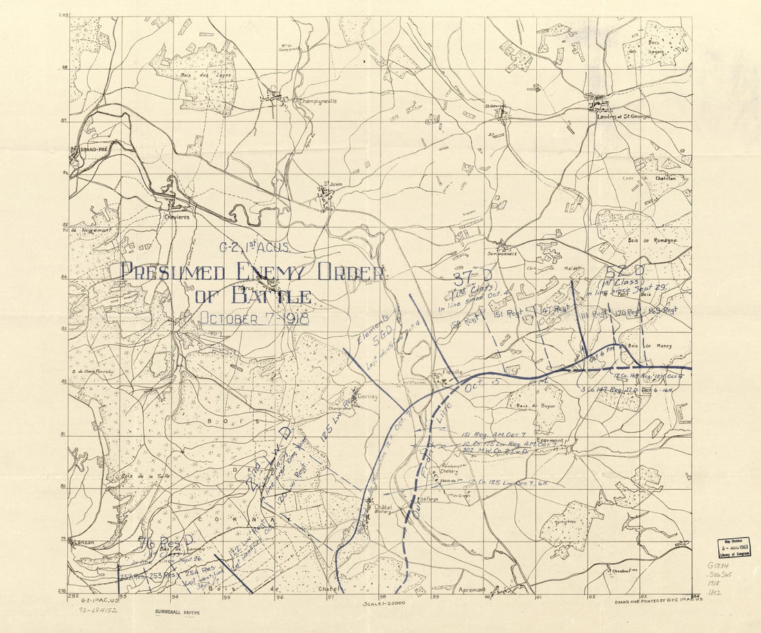 This old map of Presumed Enemy Order of Battle, October 7, from 1918 : Sommerance Region was created by Charles Pelot Summerall, 1st. G.S. Second Section United States. Army. Army Corps in 1918