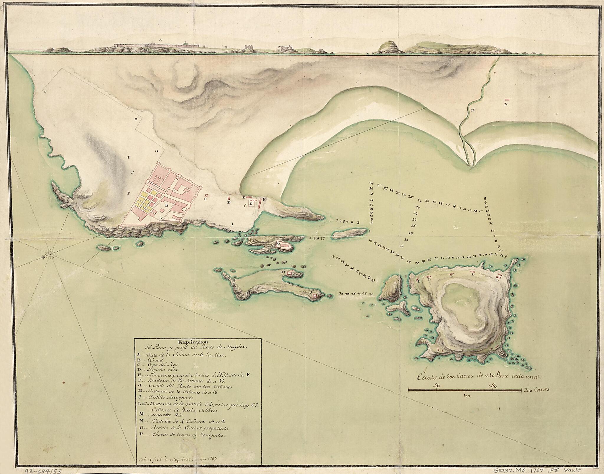 This old map of Plano Y Perfil Del Puerto De Mogodor from 1767 was created by in 1767