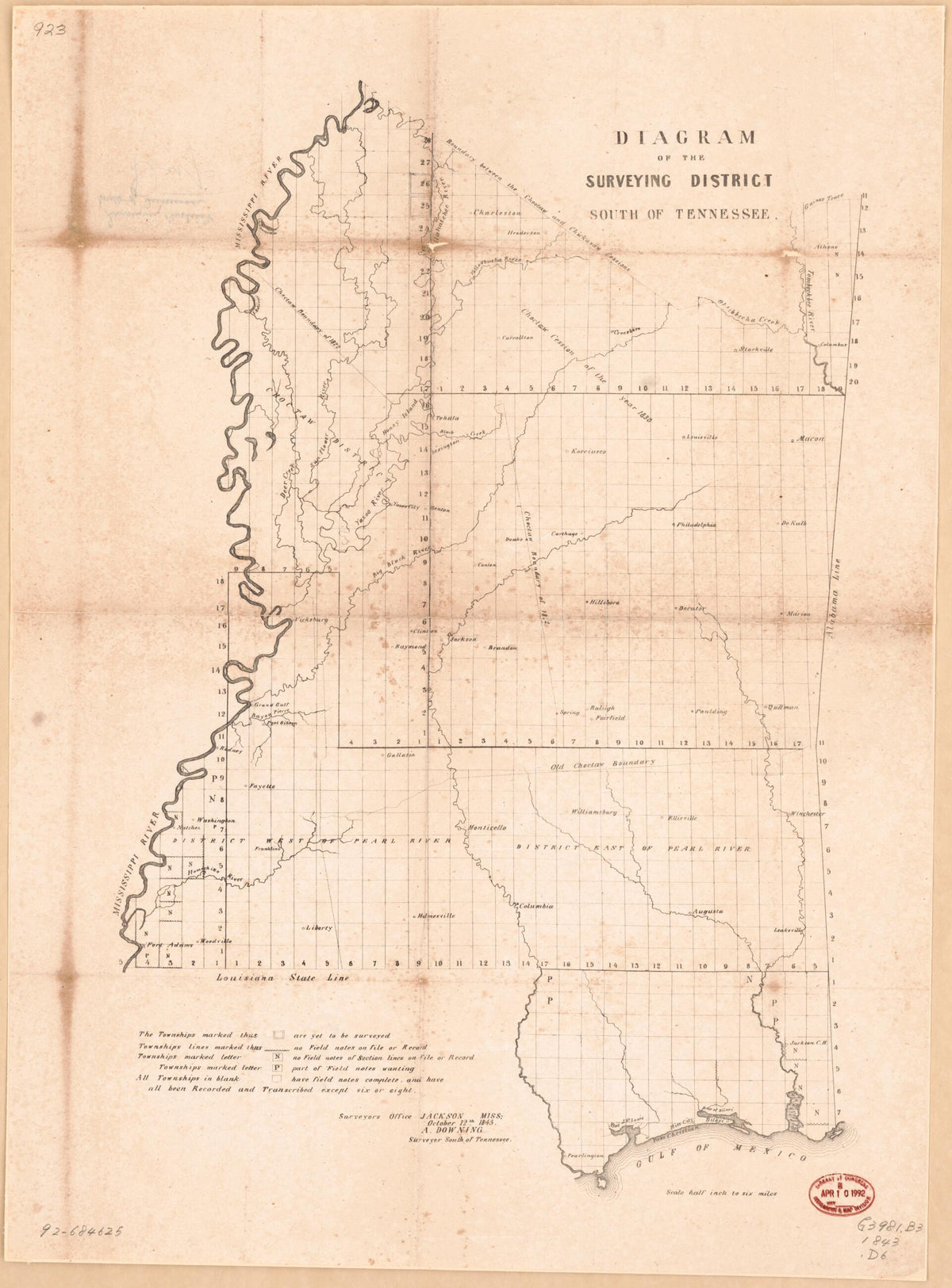 Diagram of the Surveying District, South of Tennessee : Mississippi 1843 by Relic Map Company