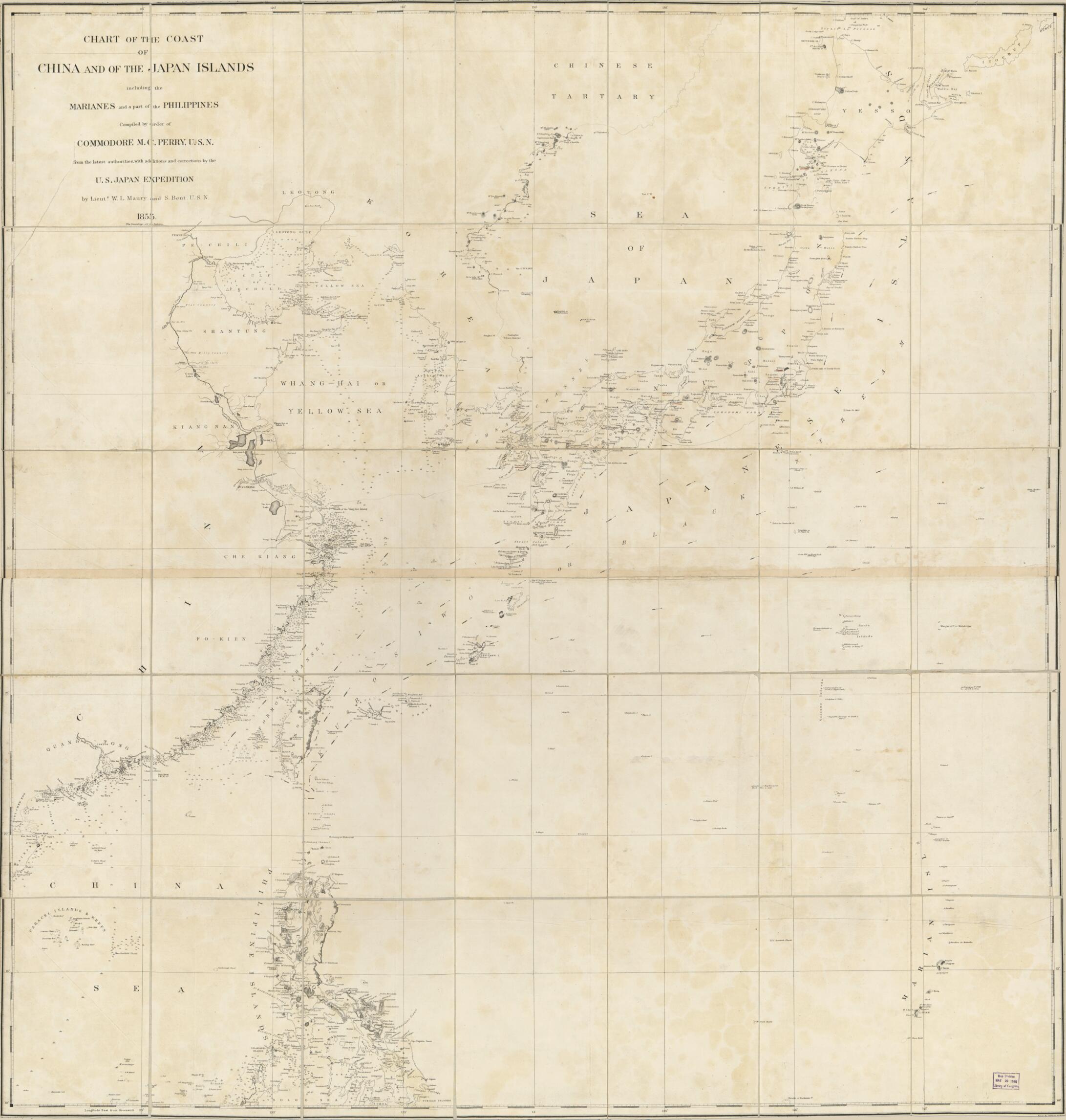 This old map of Chart of the Coast of China and of the Japan Islands : Including the Marianes and Part of the Philippines from 1855 was created by Millard Fillmore, William L. Maury in 1855