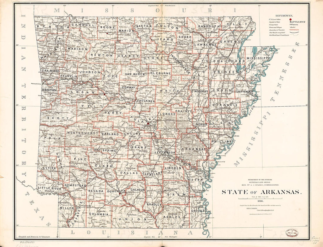 This old map of State of Arkansas from 1886 was created by A. F. Dinsmore, United States. General Land Office in 1886