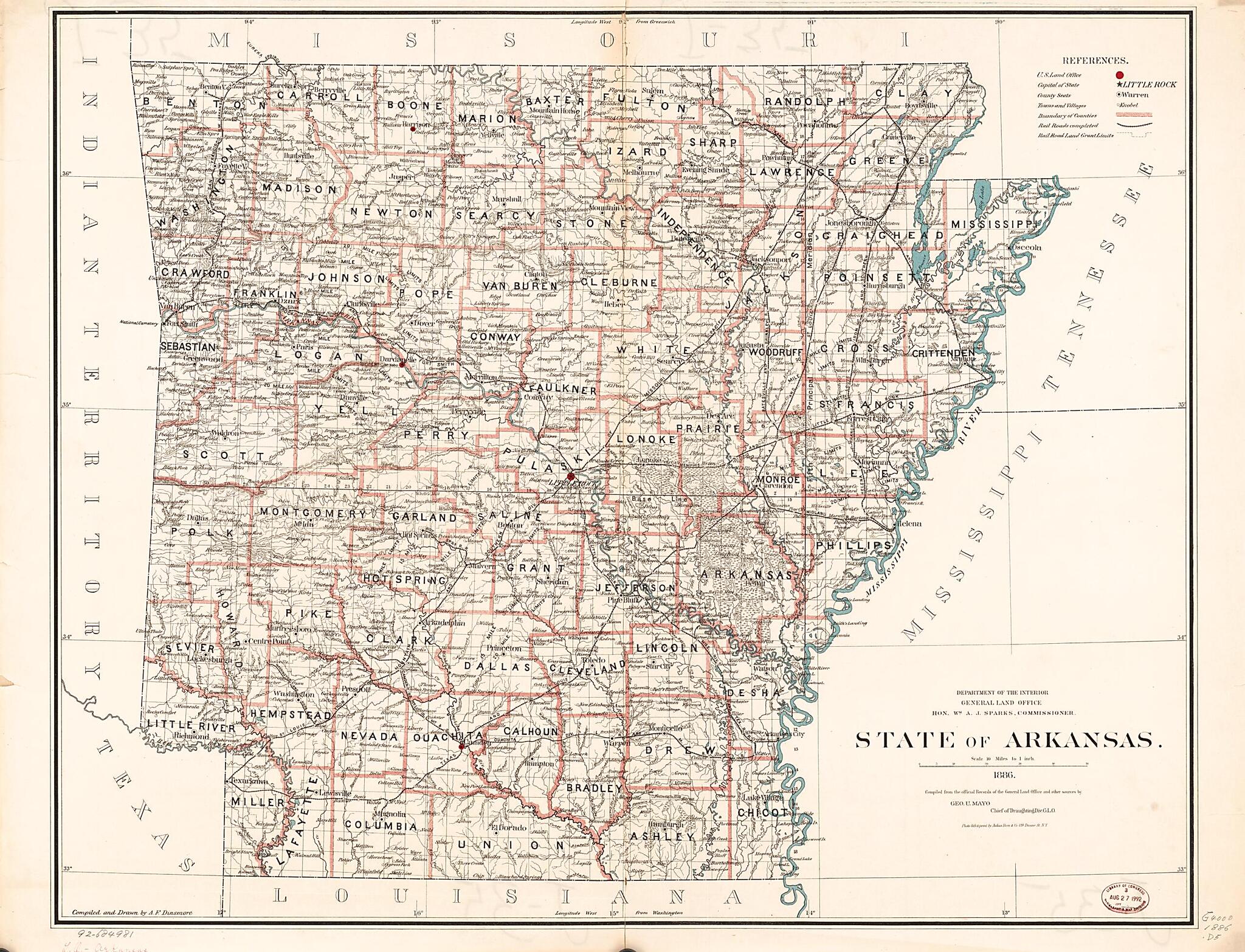This old map of State of Arkansas from 1886 was created by A. F. Dinsmore, United States. General Land Office in 1886