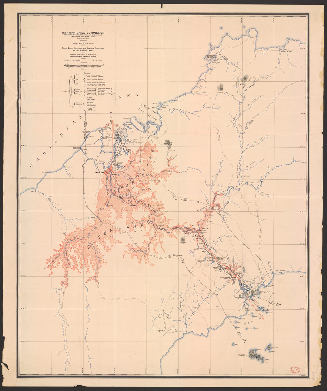 This old map of Map Showing Canal Zone, Location, and Auxiliary Structures of the Isthmian Canal from 1909 was created by Isthmian Canal Commission (U.S.). Office of Chief Engineer in 1909