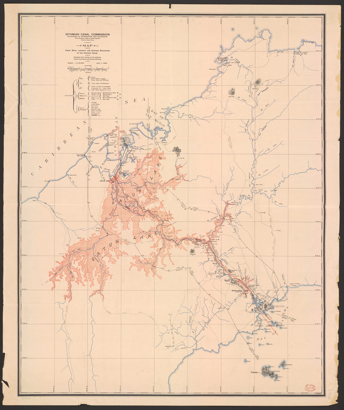 Map Showing Canal Zone, Location, and Auxiliary Structures of the Isthmian Canal in 1909 by Relic Map Company