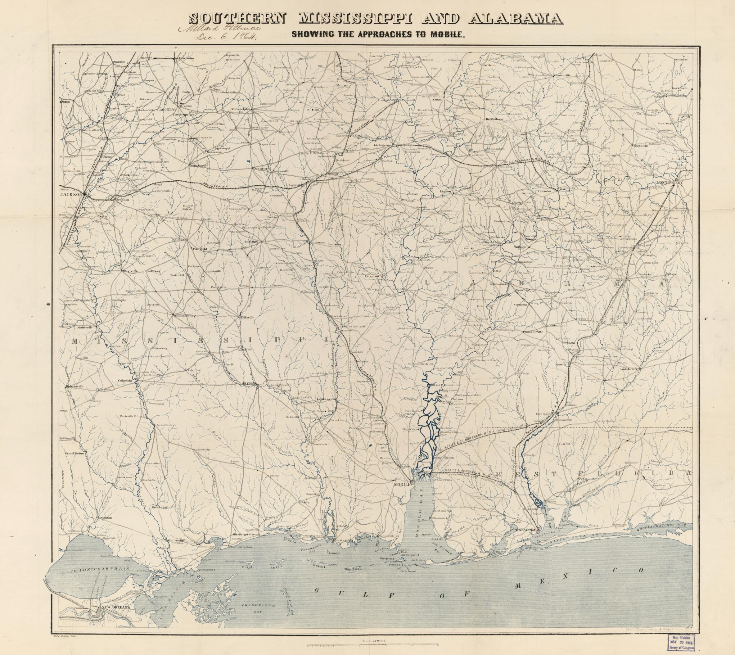 This old map of Southern Mississippi and Alabama : Showing the Approaches to Mobile from 1863 was created by A. D. (Alexander Dallas) Bache, Millard Fillmore, United States Coast Survey in 1863