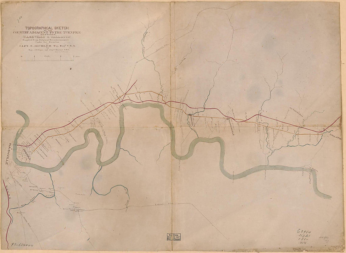 This old map of Topographical Sketch of the Country Adjacent to the Turnpike Between Nashville & Gallatin from 1860 was created by J. E. Weyss in 1860