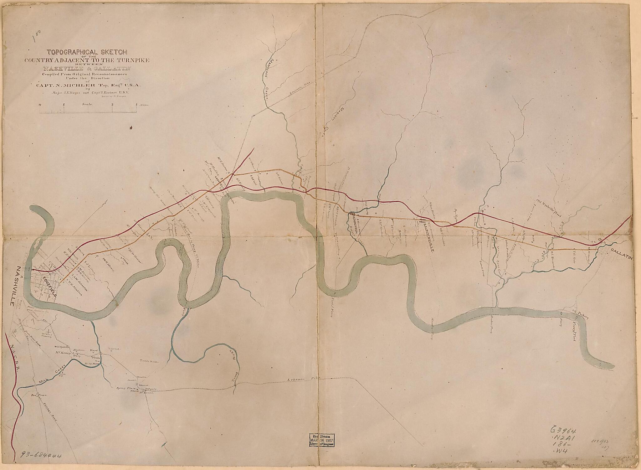 This old map of Topographical Sketch of the Country Adjacent to the Turnpike Between Nashville & Gallatin from 1860 was created by J. E. Weyss in 1860