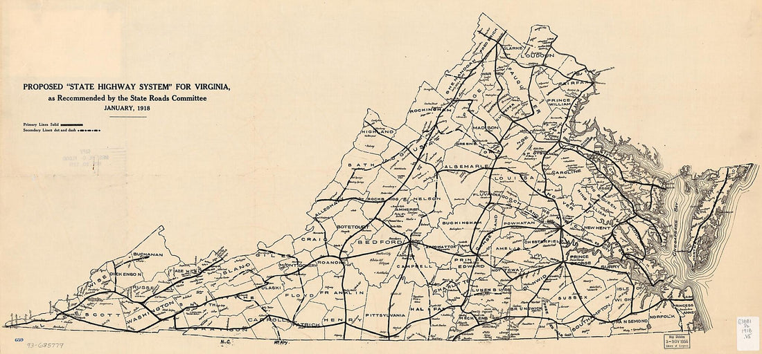 This old map of Proposed state Highway System for Virginia, As Recommended by the State Roads Committee, January from 1918 was created by Virginia. State Roads Committee in 1918