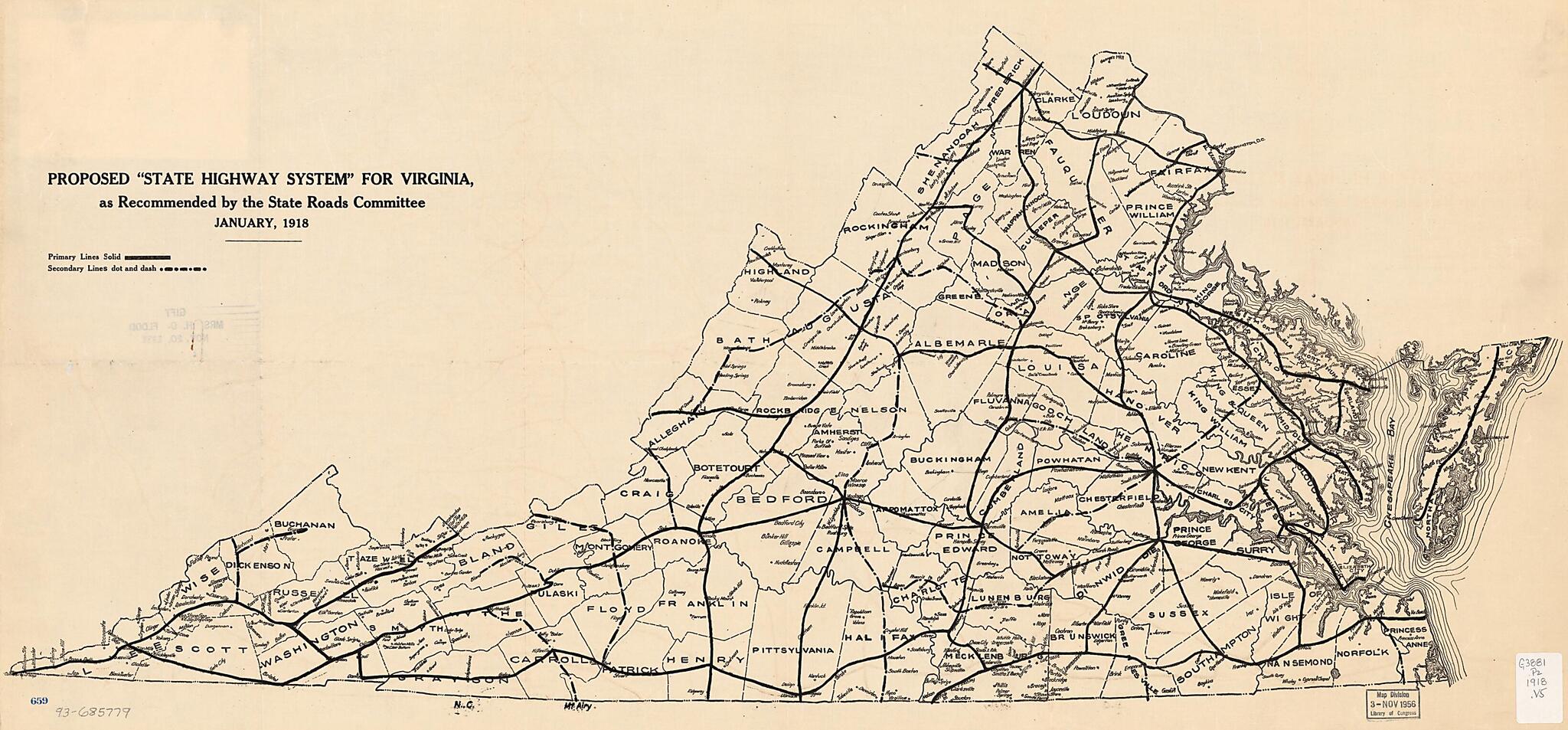 This old map of Proposed state Highway System for Virginia, As Recommended by the State Roads Committee, January from 1918 was created by Virginia. State Roads Committee in 1918
