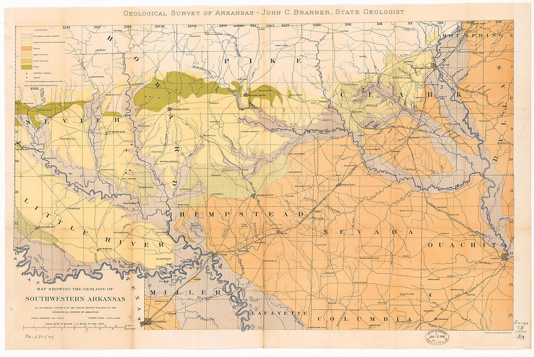 This old map of Map Showing the Geology of Southwestern Arkansas from 1888 was created by John Casper Branner, Geological Survey of Arkansas in 1888