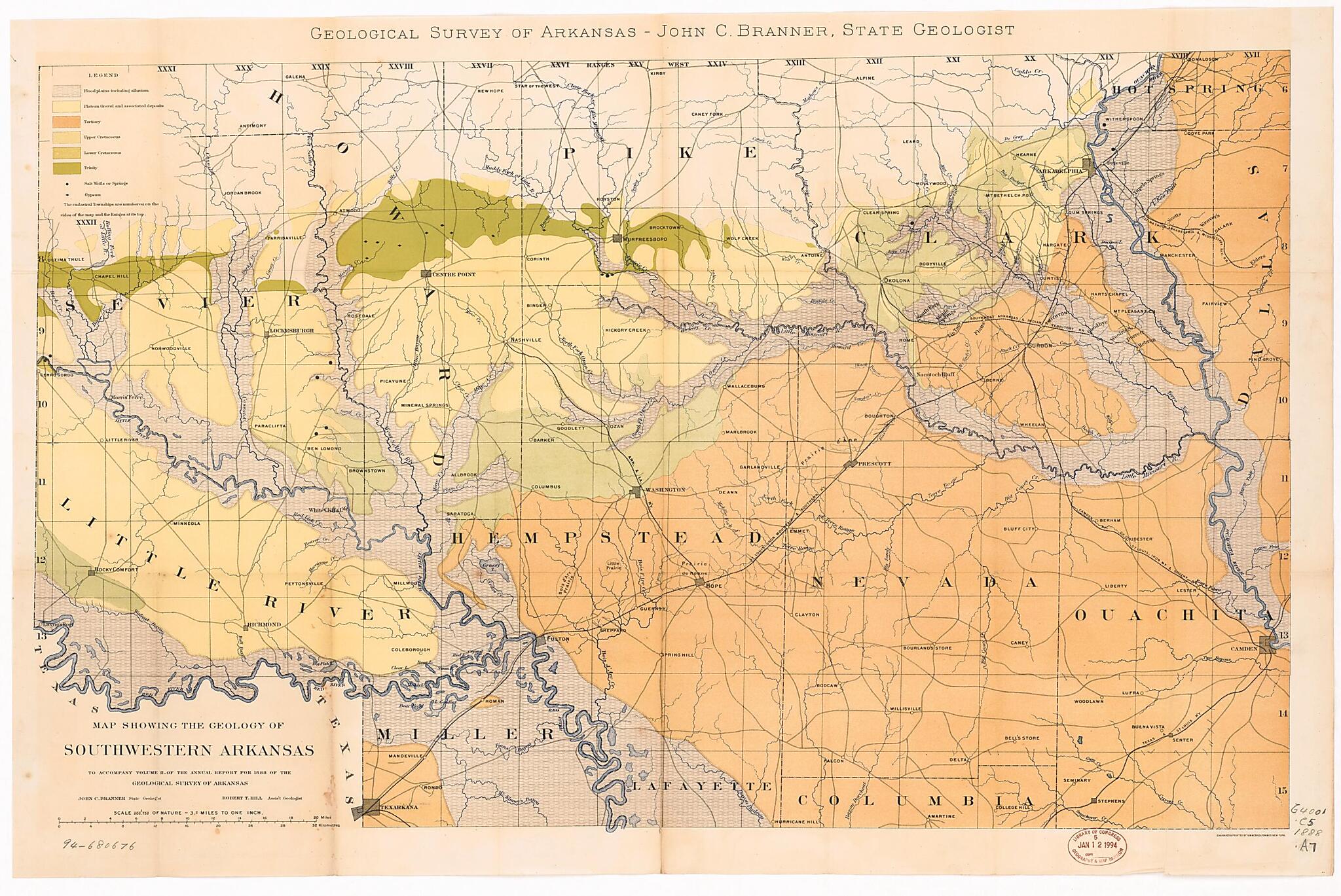This old map of Map Showing the Geology of Southwestern Arkansas from 1888 was created by John Casper Branner, Geological Survey of Arkansas in 1888