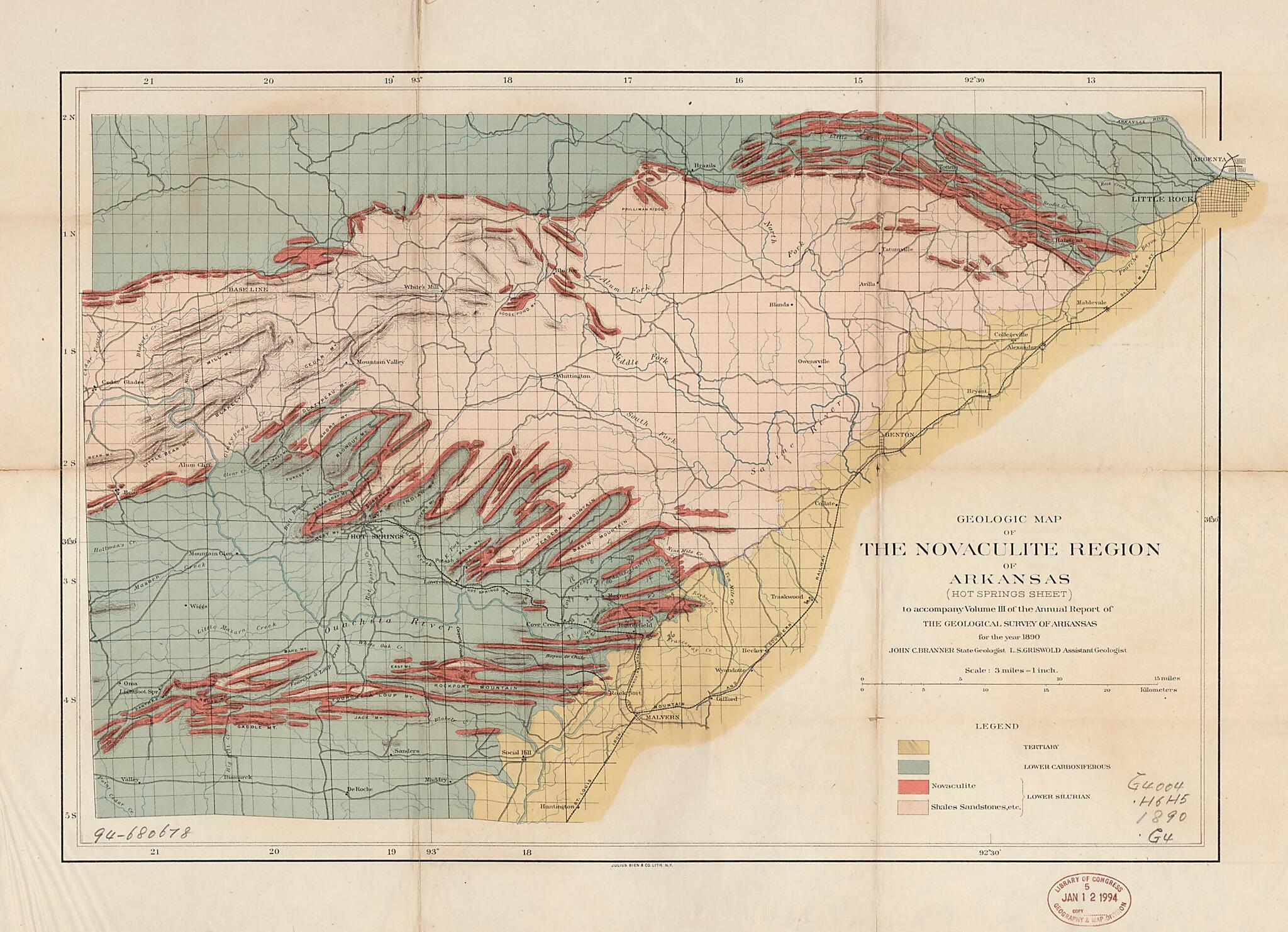 This old map of Geological Map of the Novaculite Region of Arkansas : Hot Springs Sheet from 1890 was created by John Casper Branner, Geological Survey of Arkansas in 1890