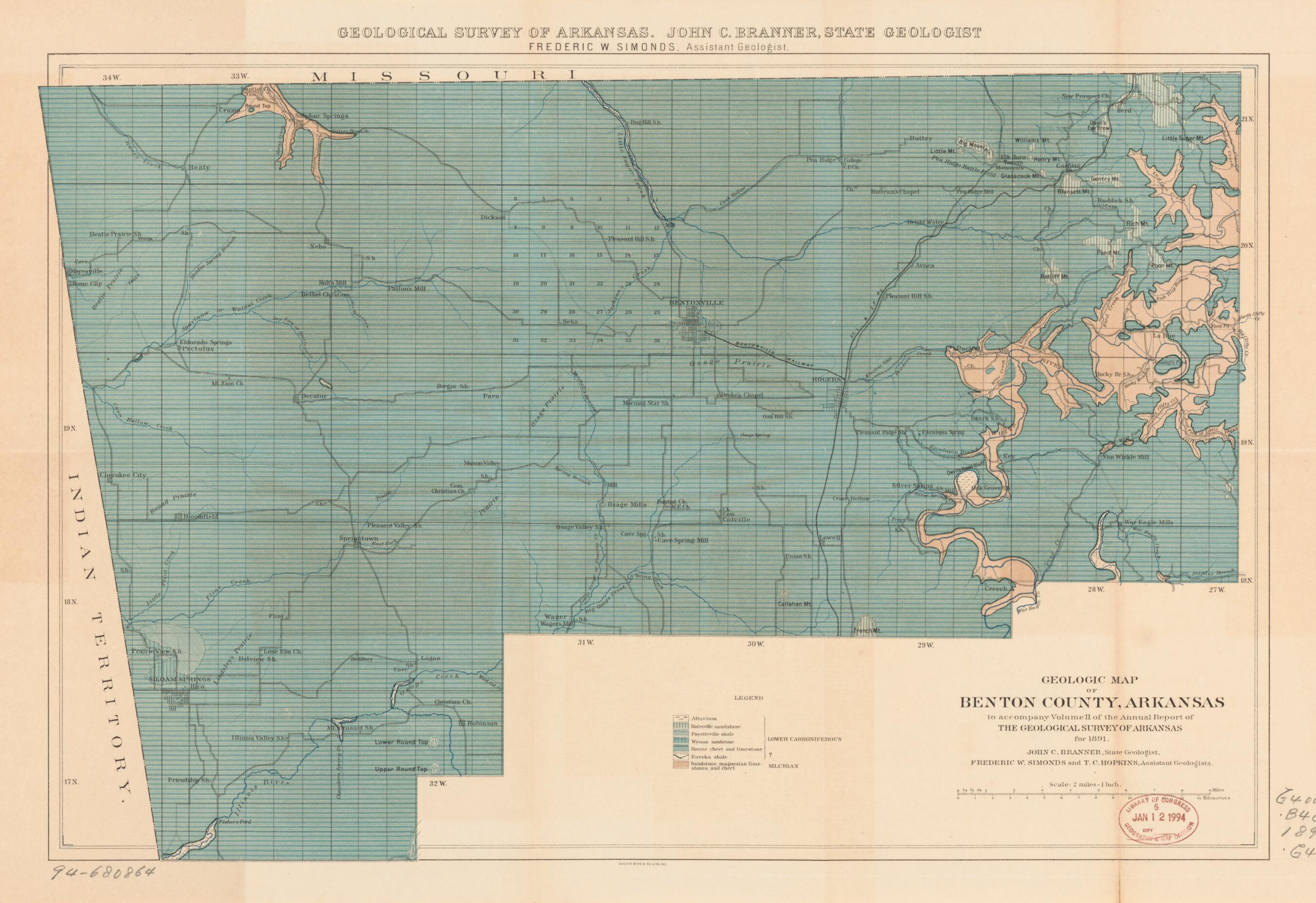 This old map of Geologic Map of Benton County, Arkansas from 1891 was created by John Casper Brenner, Geological Survey of Arkansas, Frederic W. Simonds in 1891