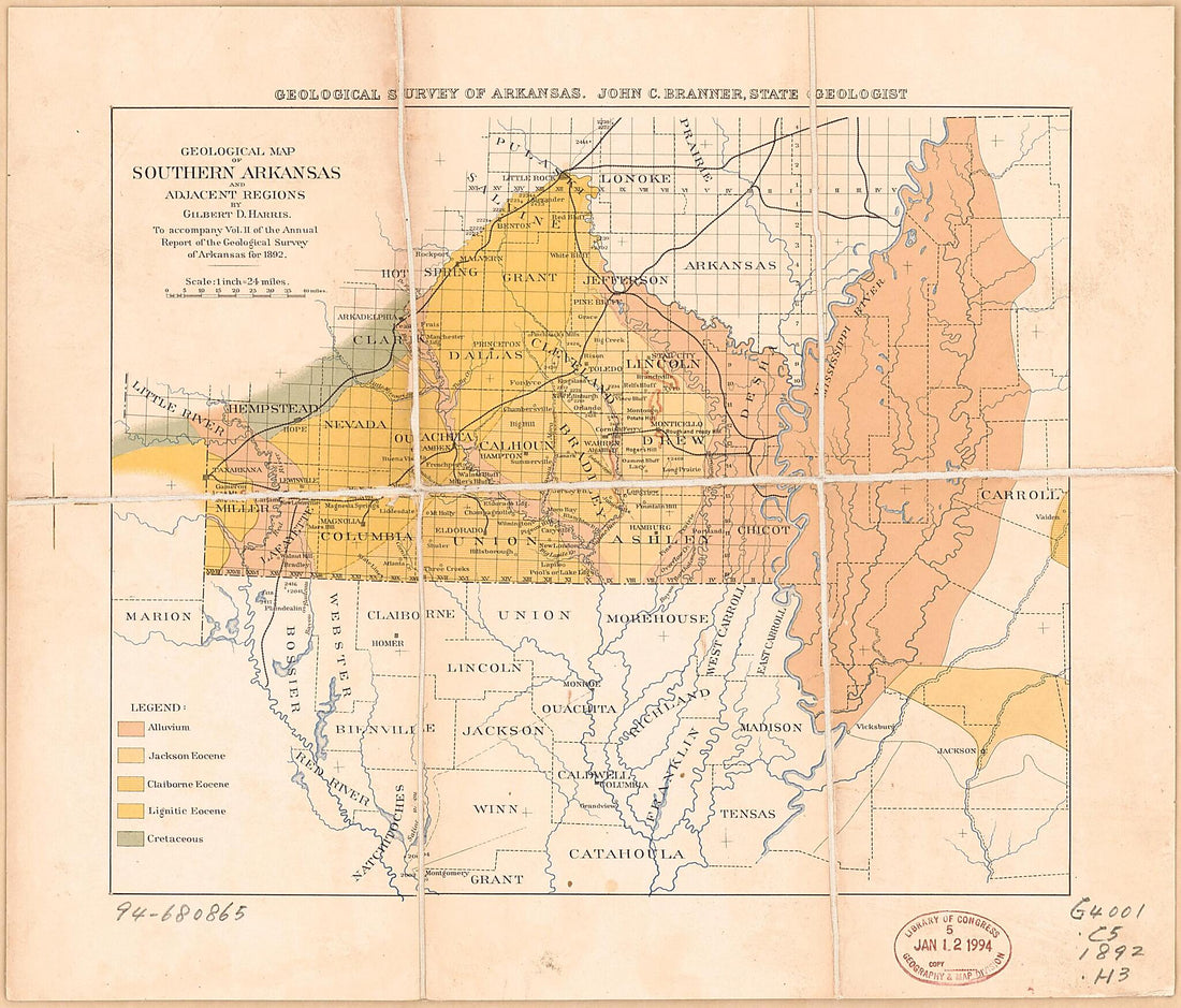 This old map of Geological Map of Southern Arkansas and Adjacent Regions from 1892 was created by John Casper Branner, Geological Survey of Arkansas, Gilbert D. (Gilbert Dennison) Harris in 1892